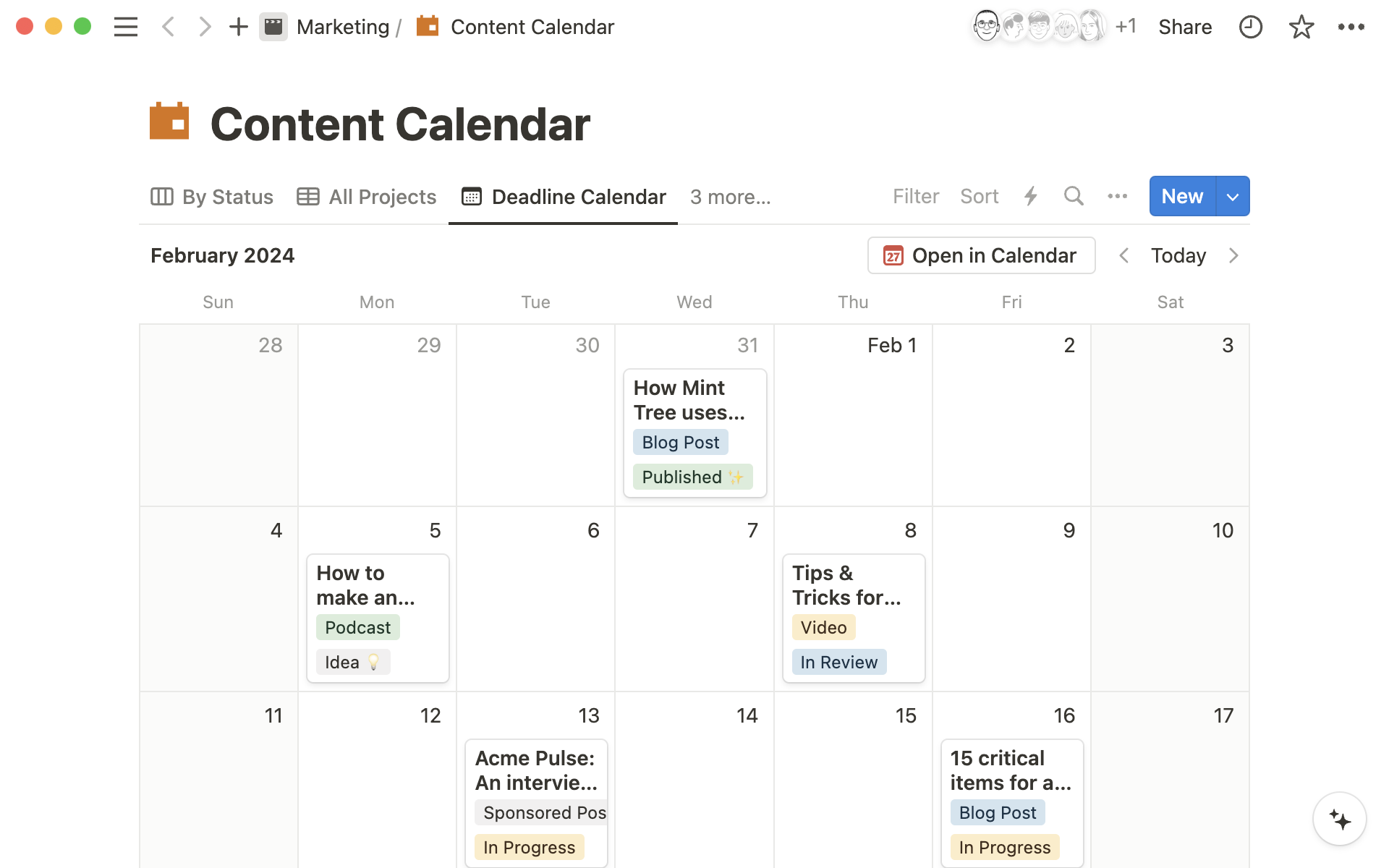 Create a content calendar in a Notion database and use different database views to track information. Here’s a calendar view of what’s published and what’s upcoming. 