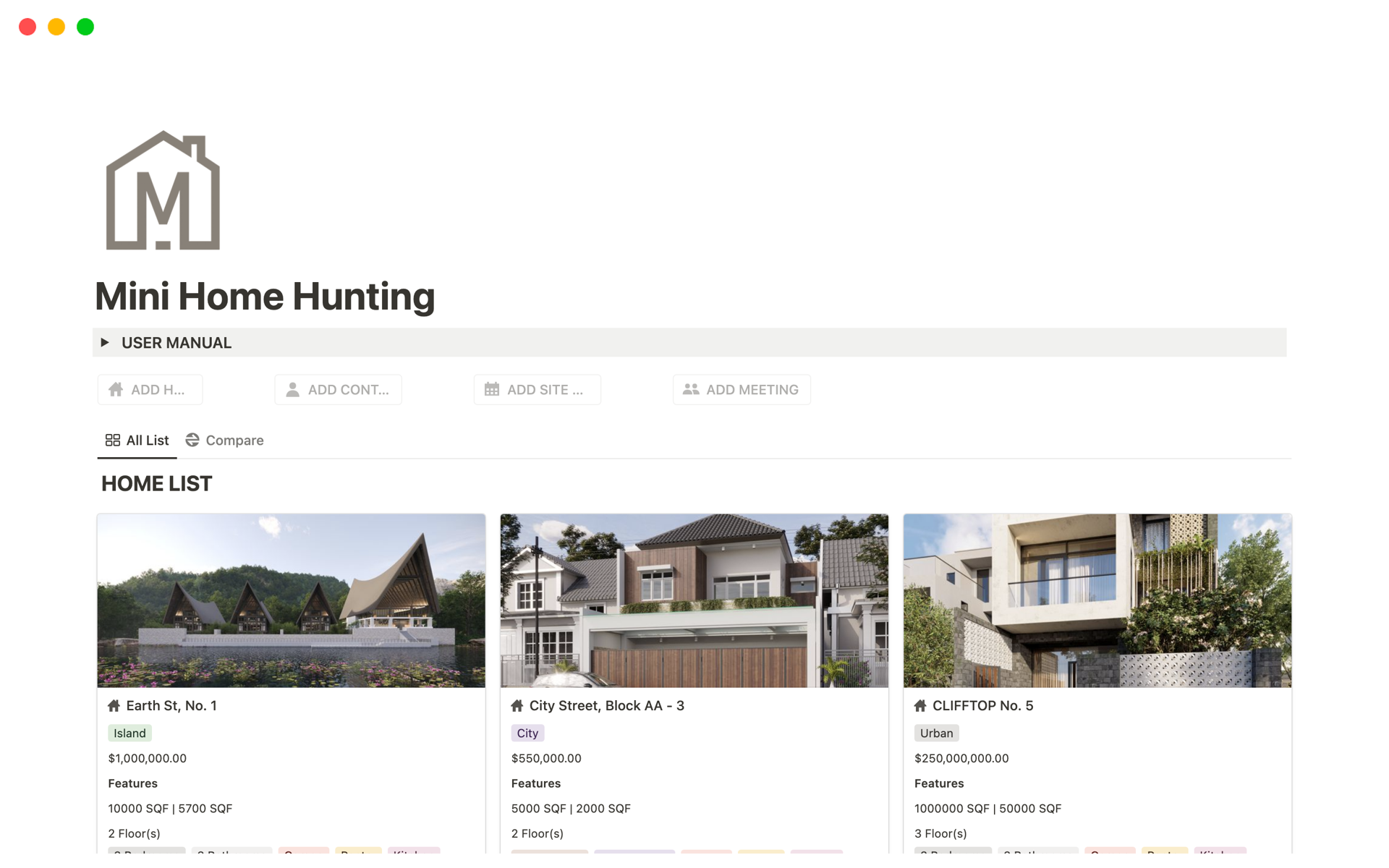 A template preview for Mini Home Hunting