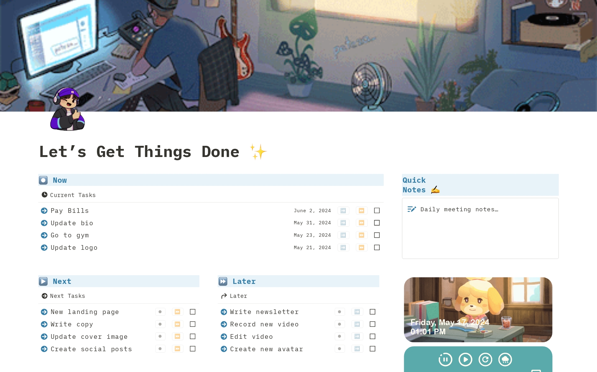 A template preview for Get Things Done Dashboard