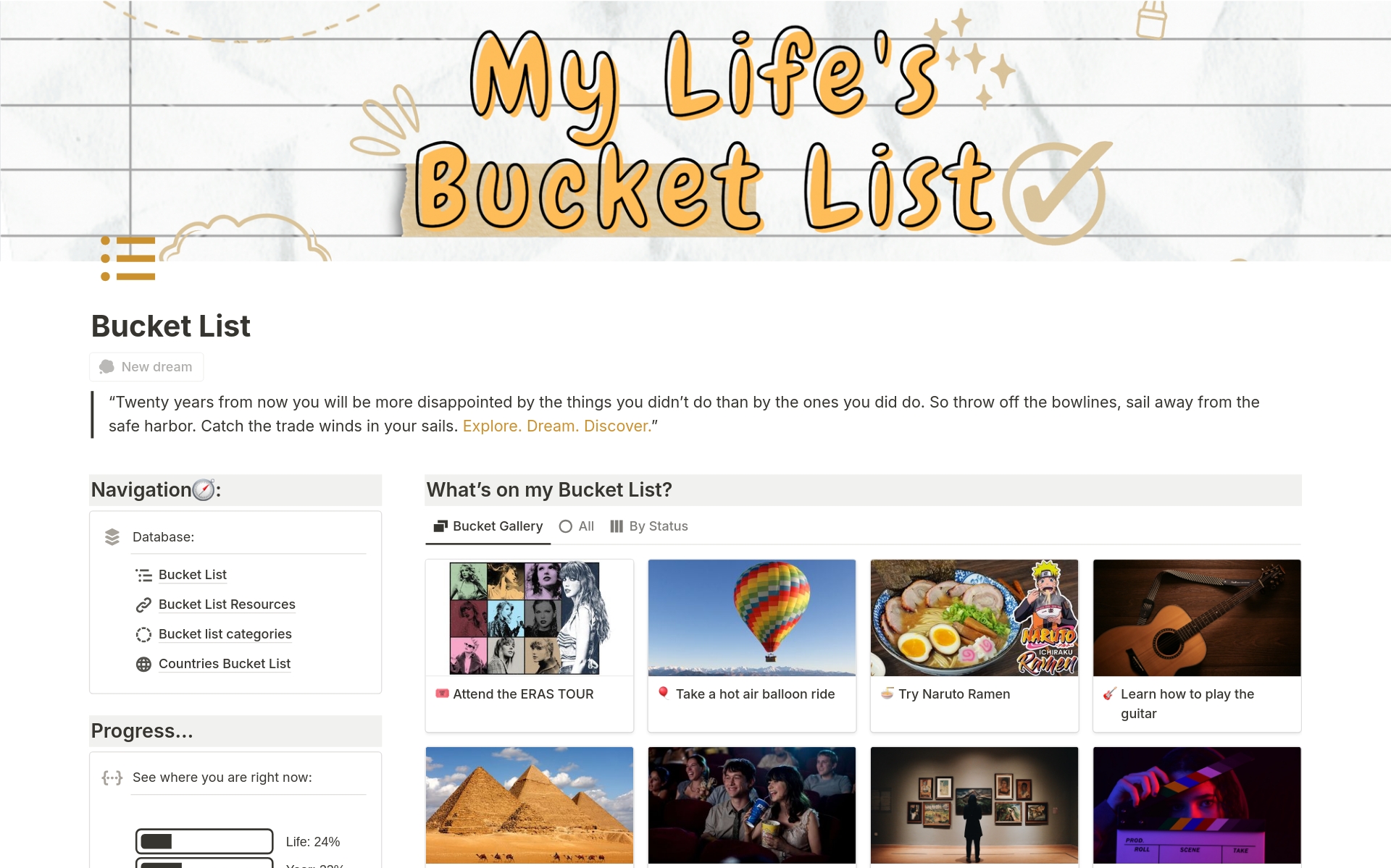 Ready to turn your wildest dreams into reality? Our bucket list template is your passport to endless adventures! Explore global destinations, organize your passions, track your progress, and fuel your creativity. Start living your dream life today! 🌍✨🚀