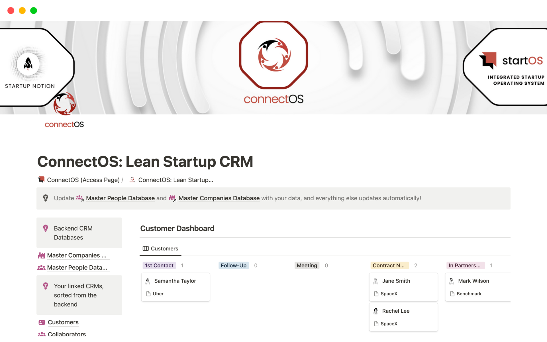 A template preview for ConnectOS: Lean Startup CRM