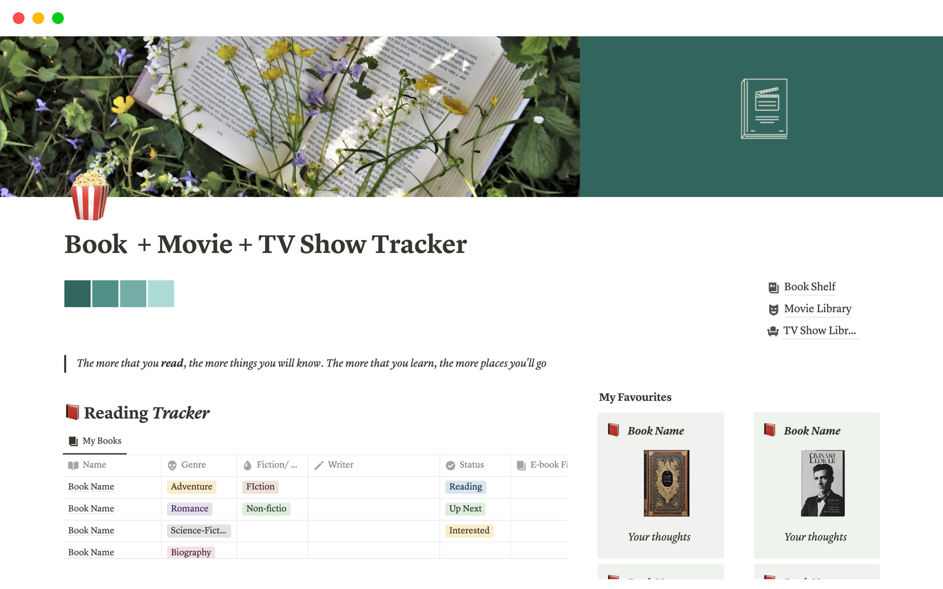 A template preview for Book, Movie, TV Show Tracker