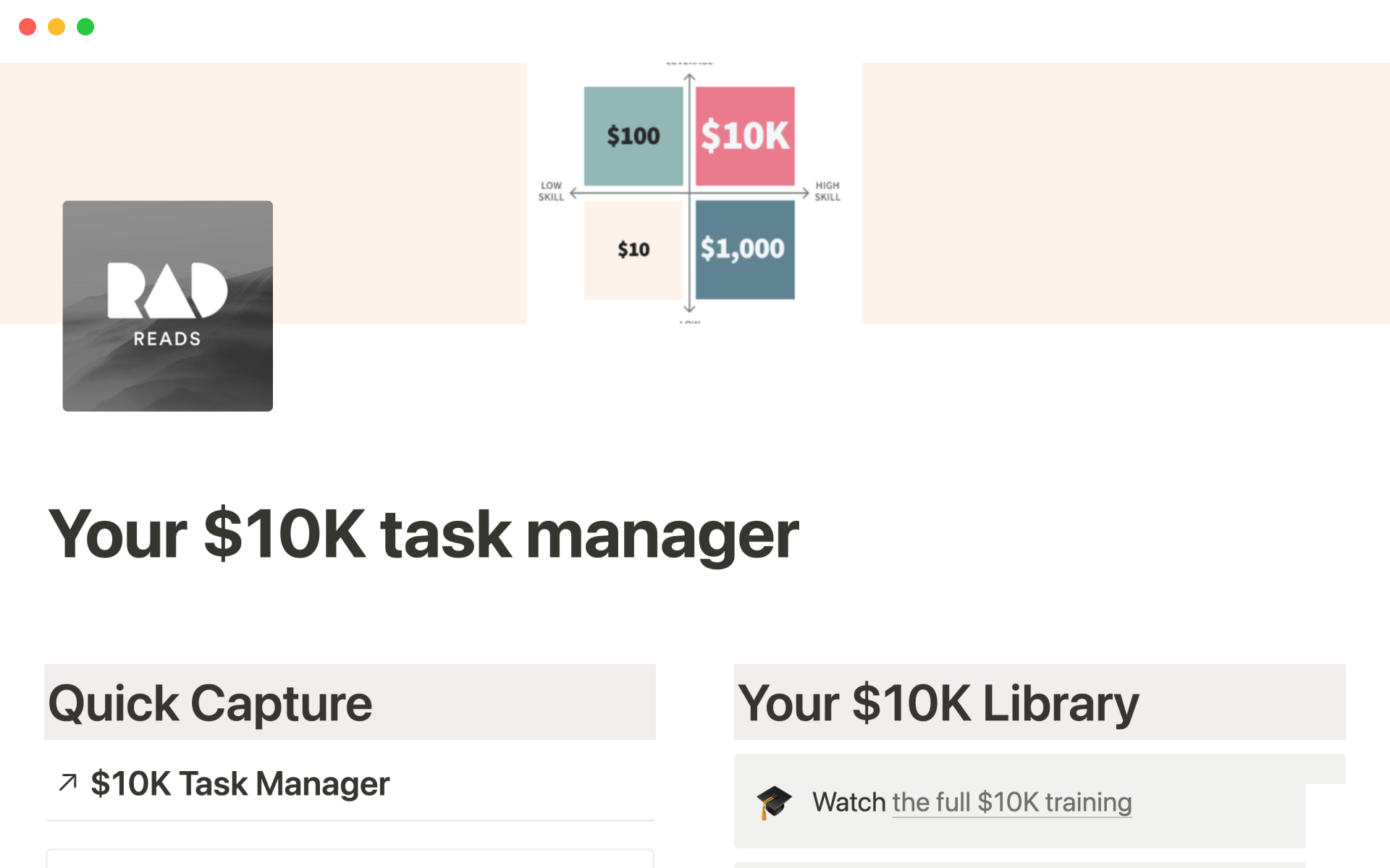A template preview for Your $10K task manager