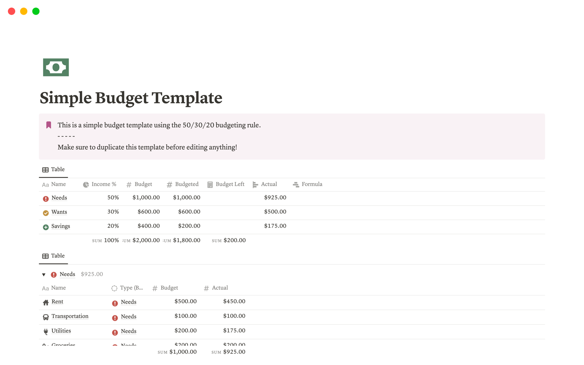A template preview for Simple Budgeting