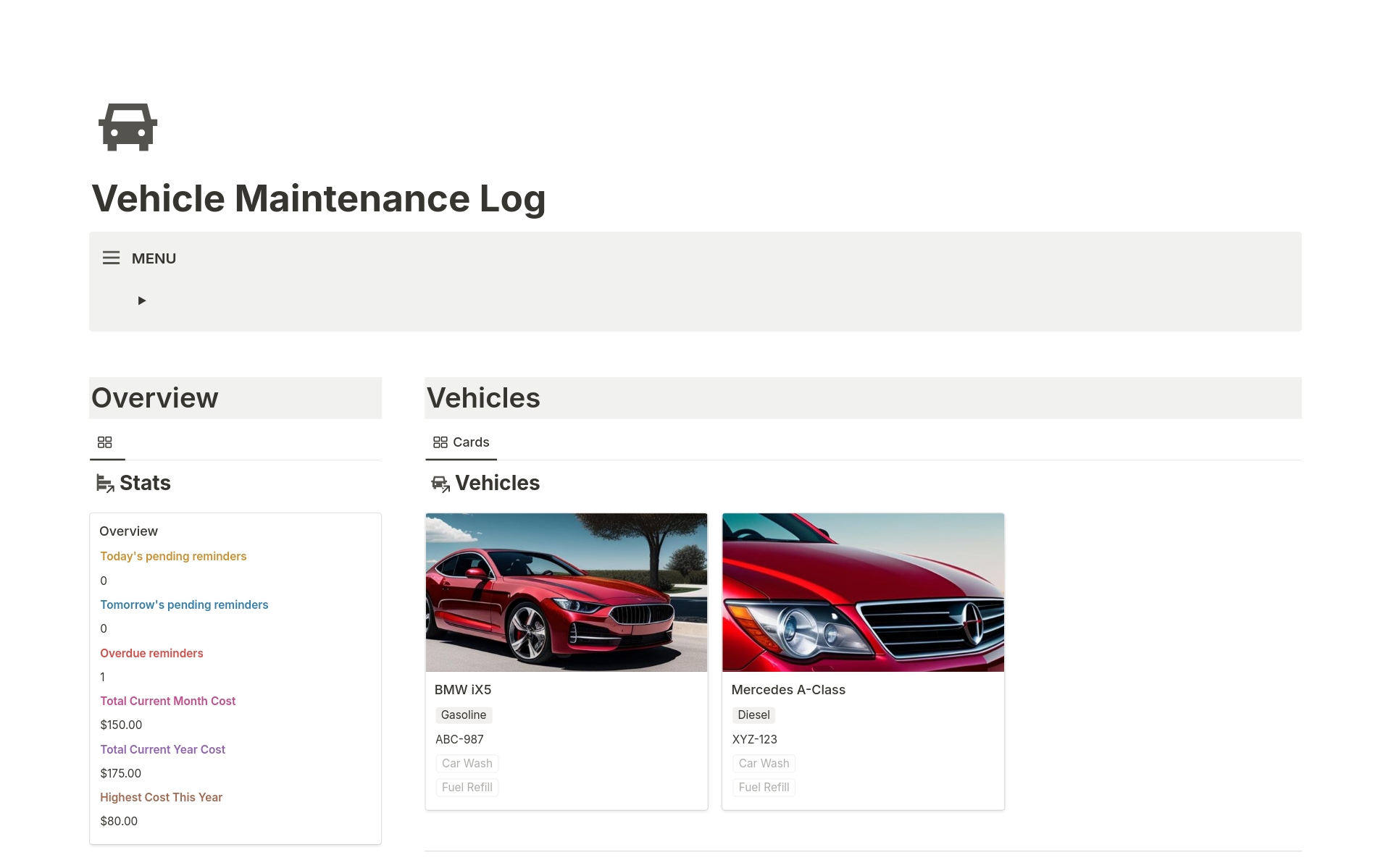 A template preview for Vehicle Maintenance Log