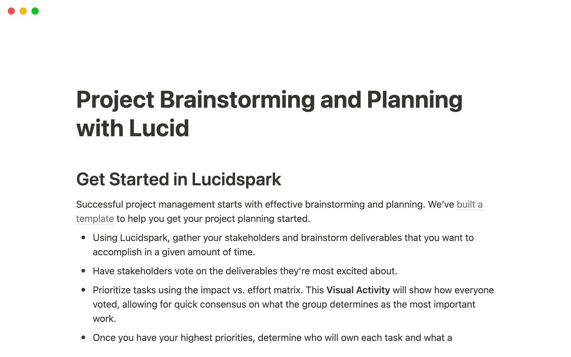 A template preview for Project Brainstorming and Planning with Lucid