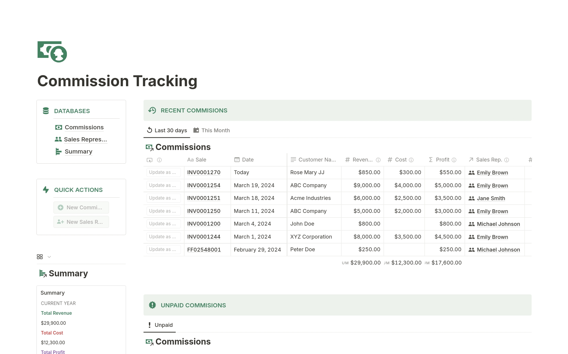 A template preview for Sales Commission Tracking