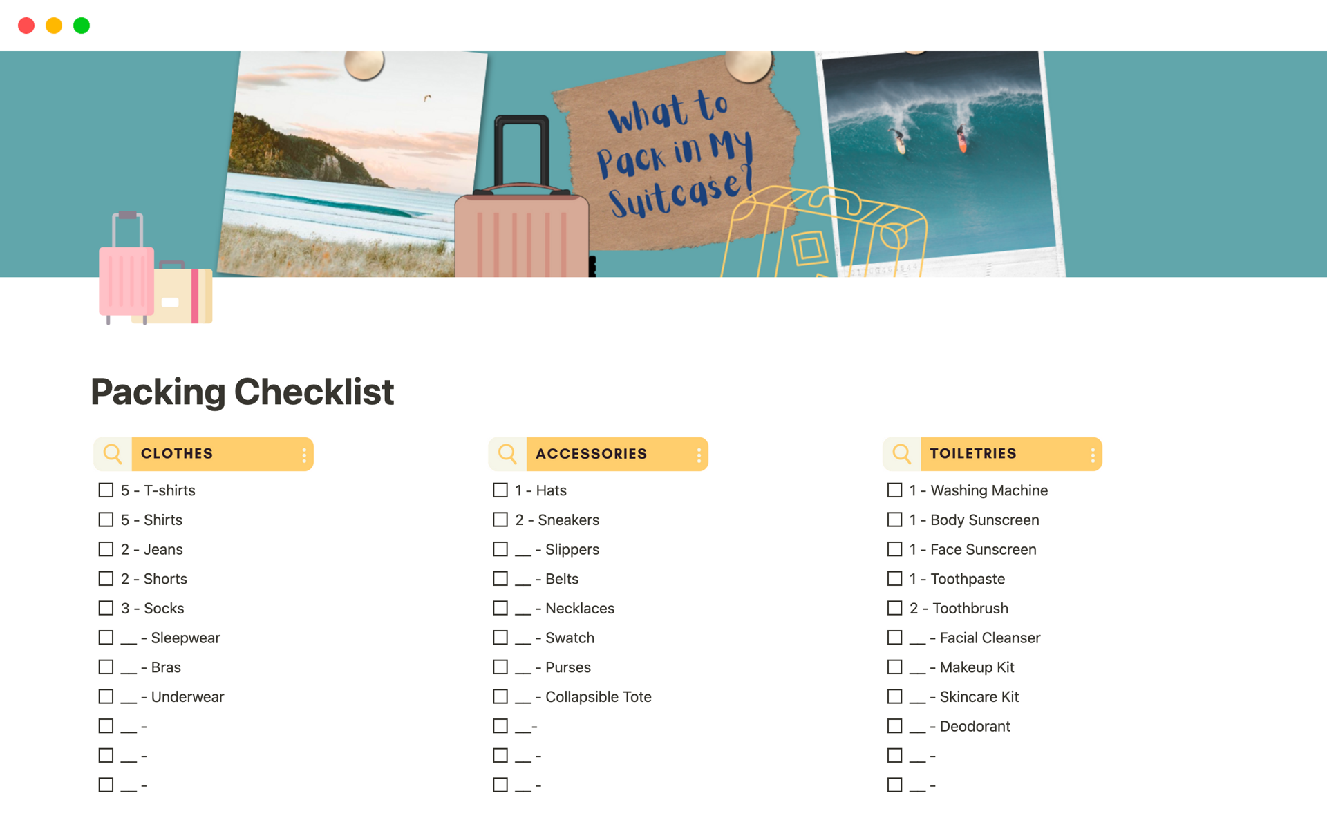 Aperçu du modèle de Travel Packing Checklist