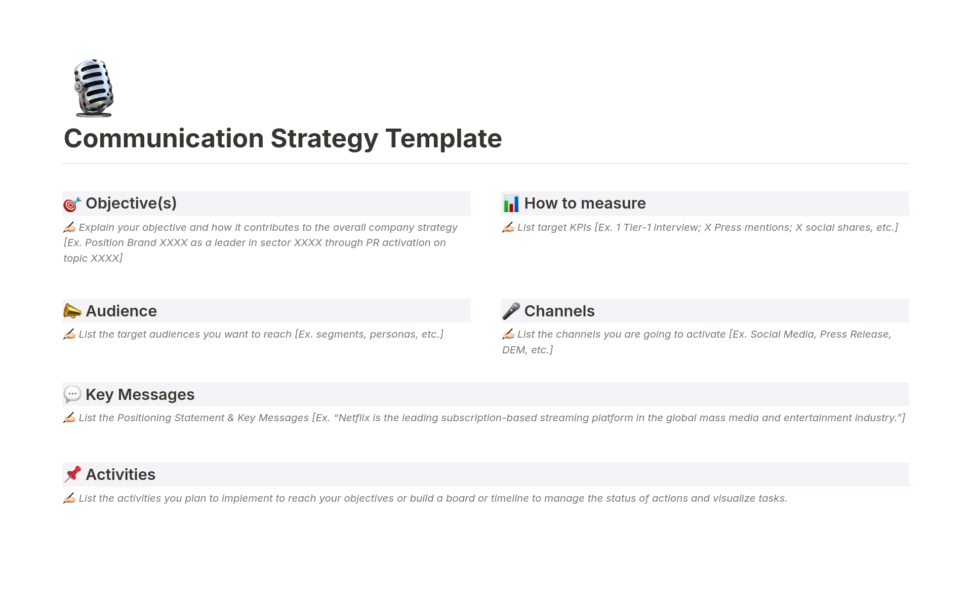 A template preview for Communication Strategy