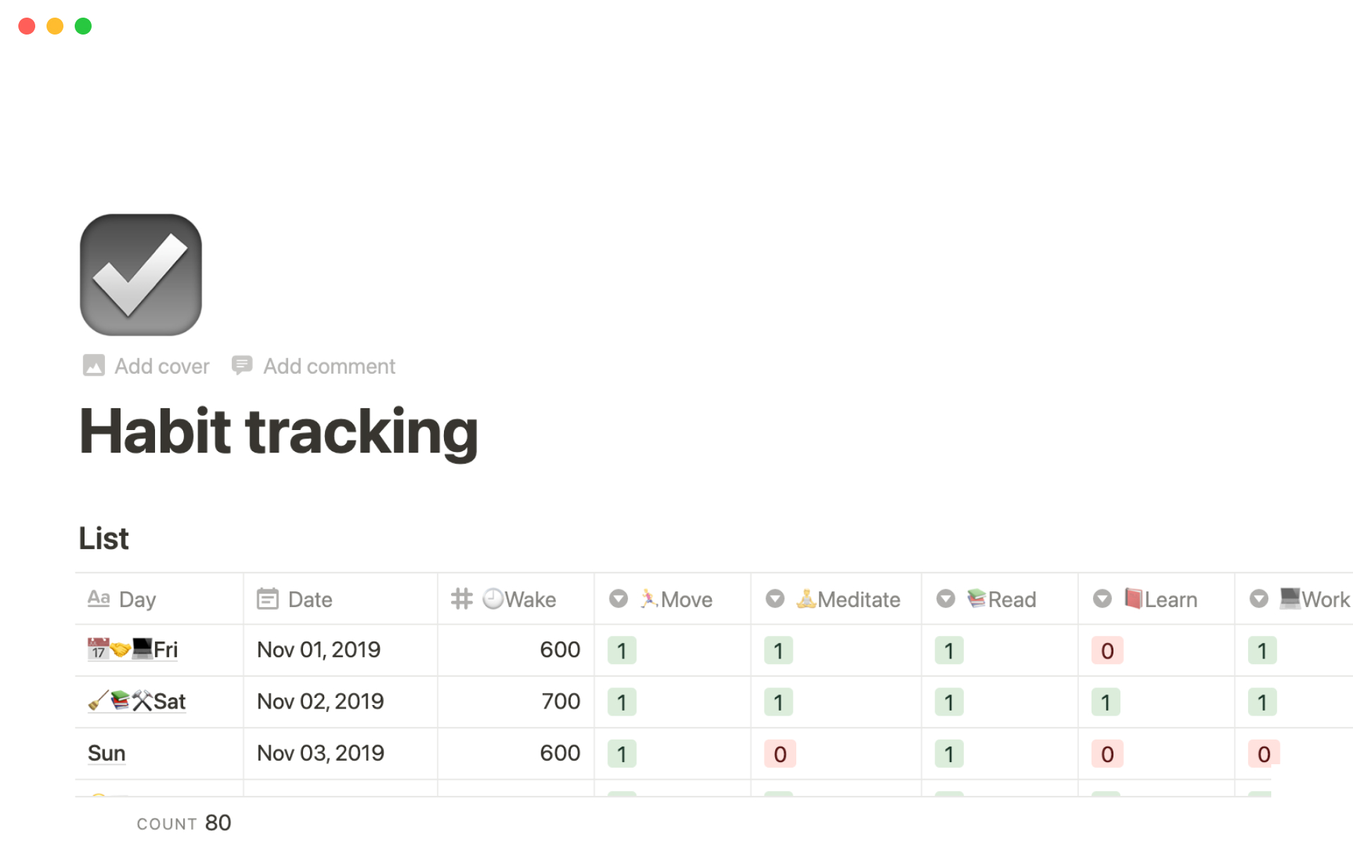 A template preview for Habit tracking