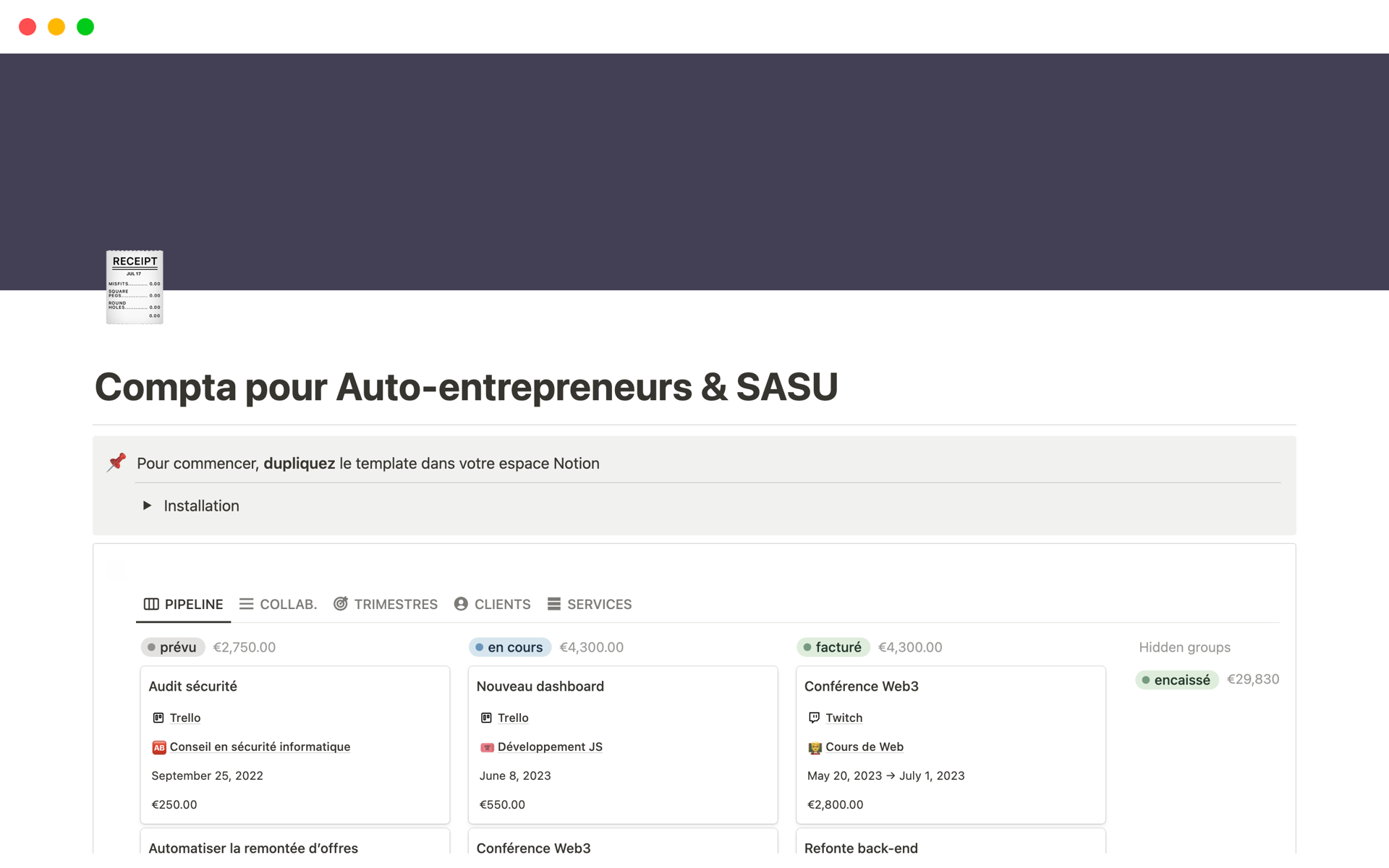 A template preview for Compta pour Auto-entrepreneurs & SASU
