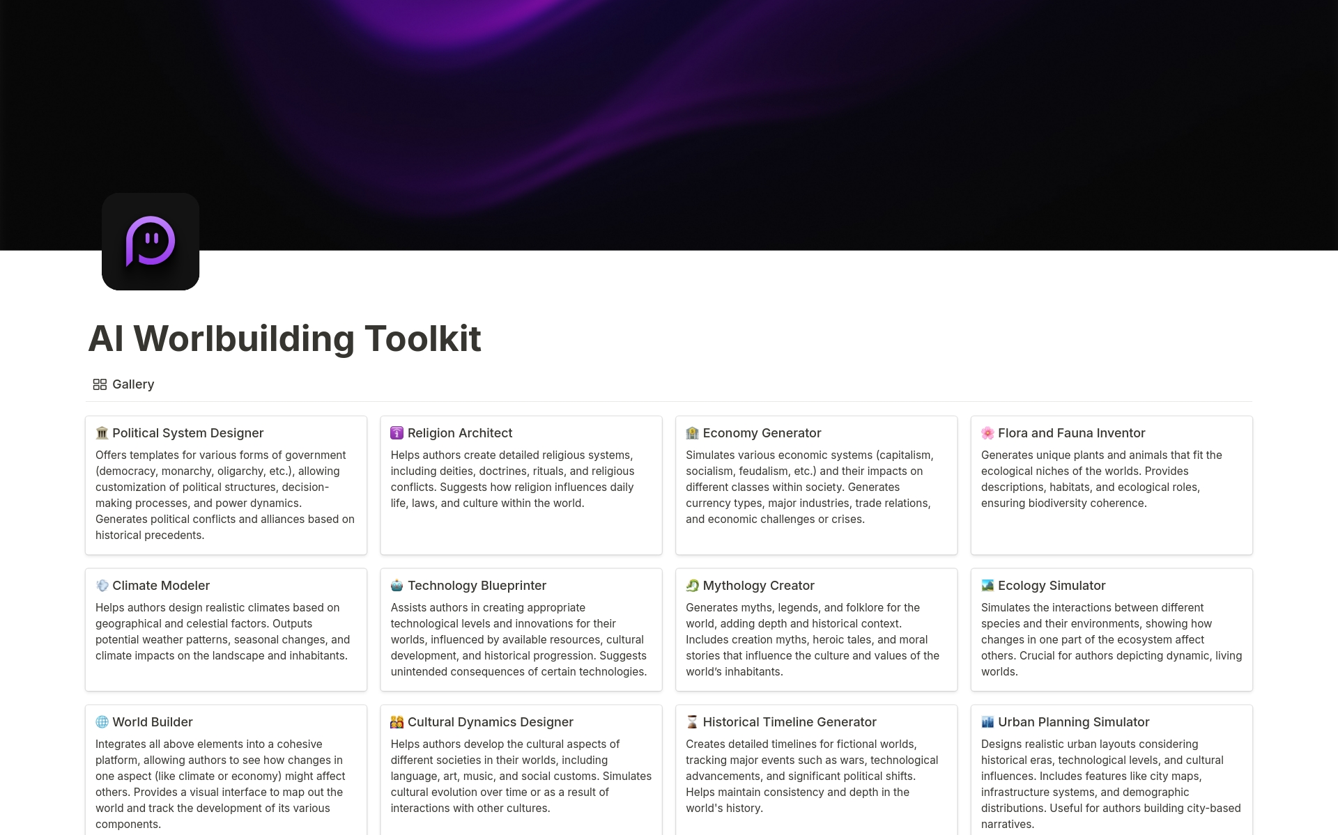 A template preview for AI Worlbuilding Toolkit