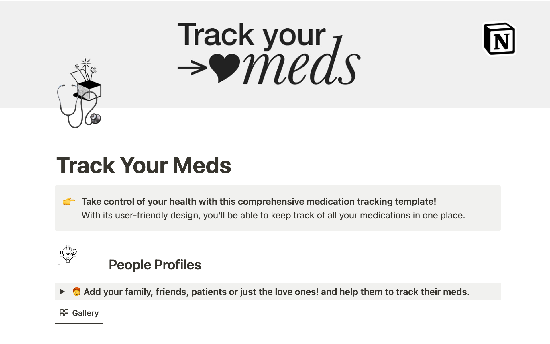 A template preview for Track Your Meds - Notion Template
