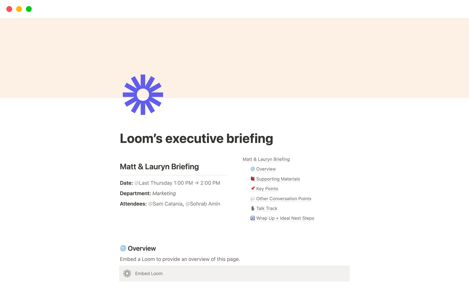 Make sure your executives are prepared for every meeting using Loom’s Executive Briefing template.