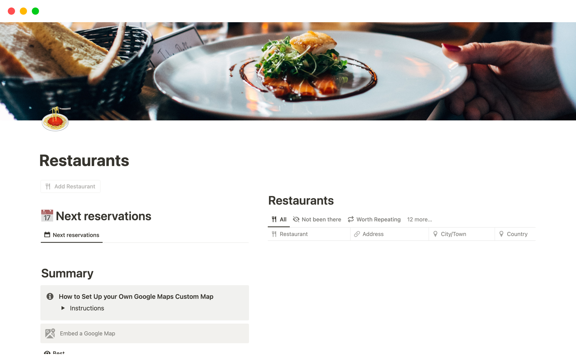 Elevate your dining experience with our Restaurant Tracking Tool Notion Template - track reservations, locate restaurants, rate and categorize, and get a comprehensive overview of your options. Upgrade now!