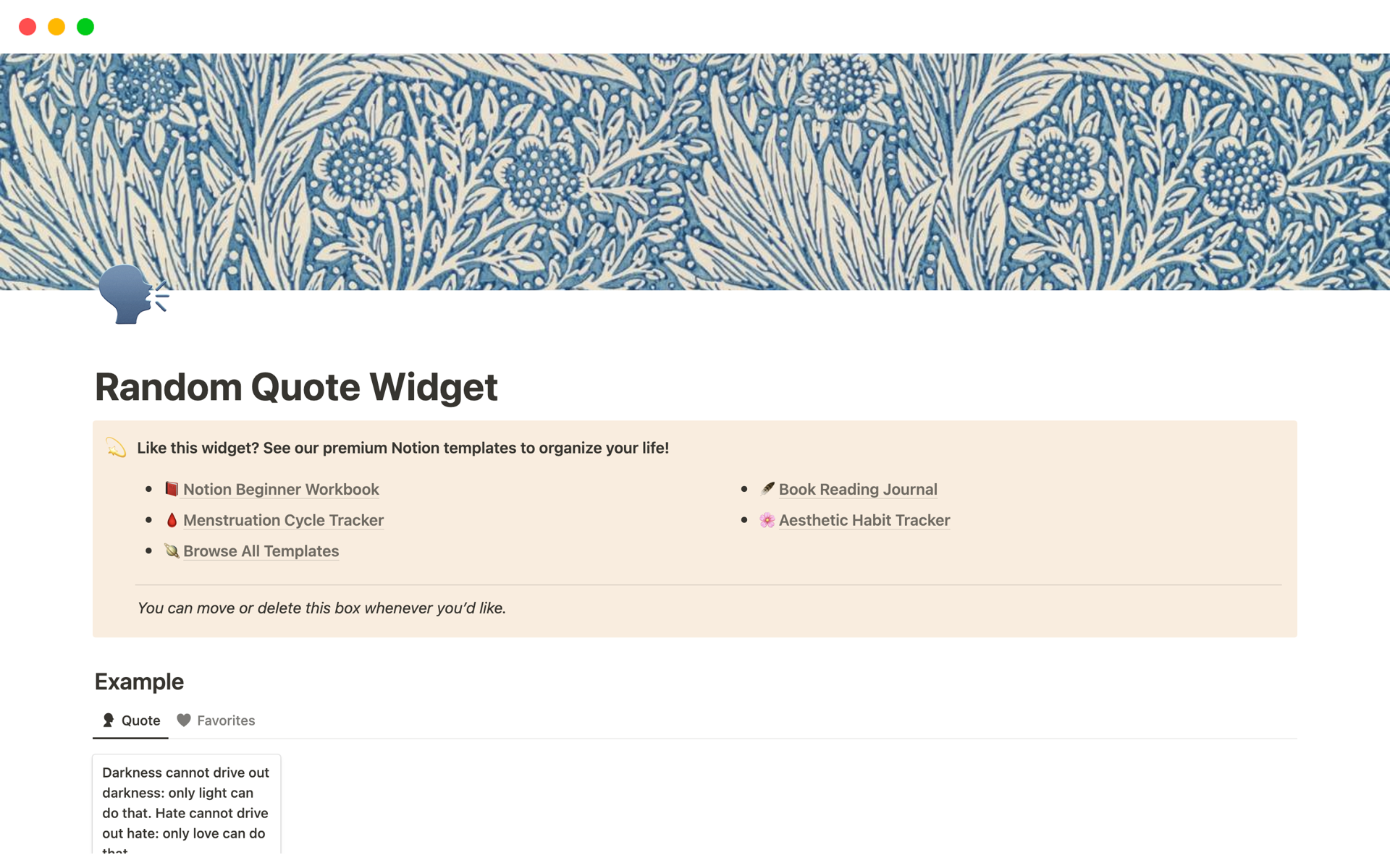 A template preview for Random Quote Widget