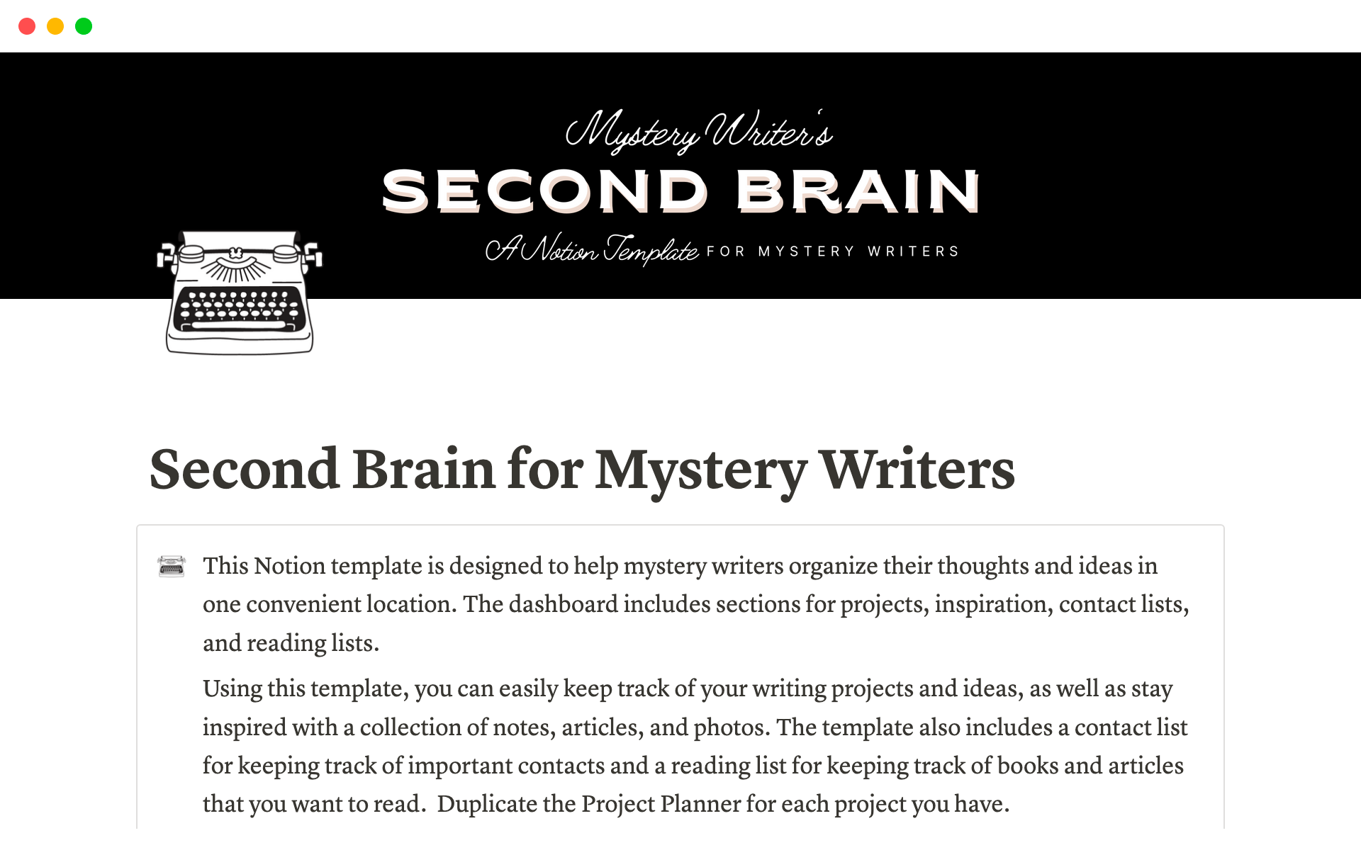 A template preview for Mystery Writer's Hub: A Creative Writing Hub and Book Planner