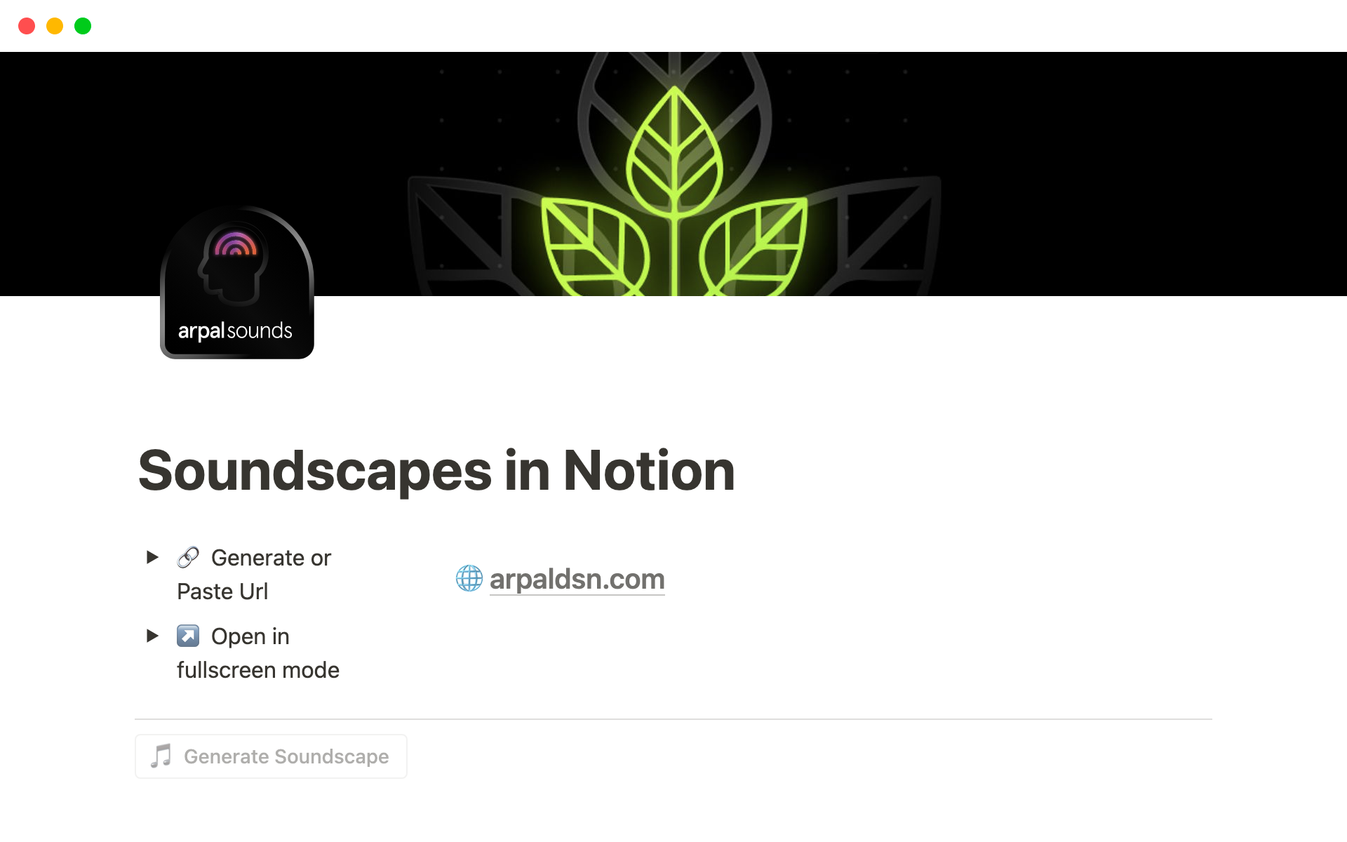 A template preview for Soundscapes for Notion