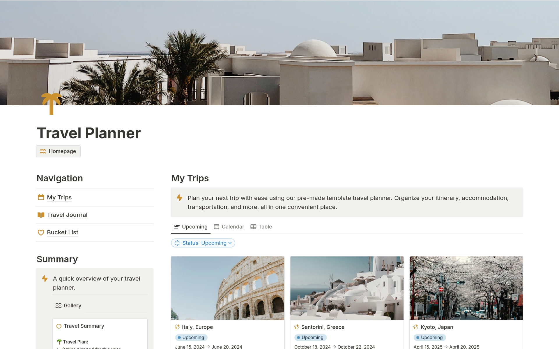 A template preview for Travel Planner, Travel Itinerary, Bucket List
