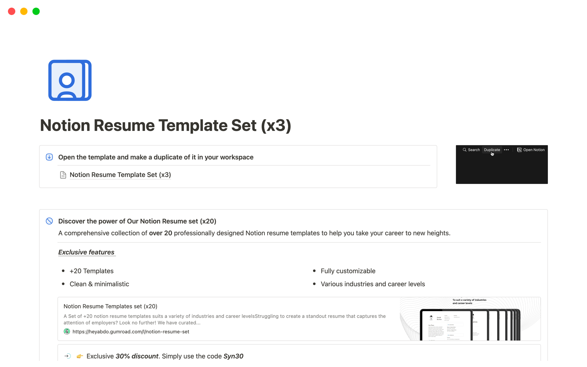A template preview for Notion Resume Set (x3)