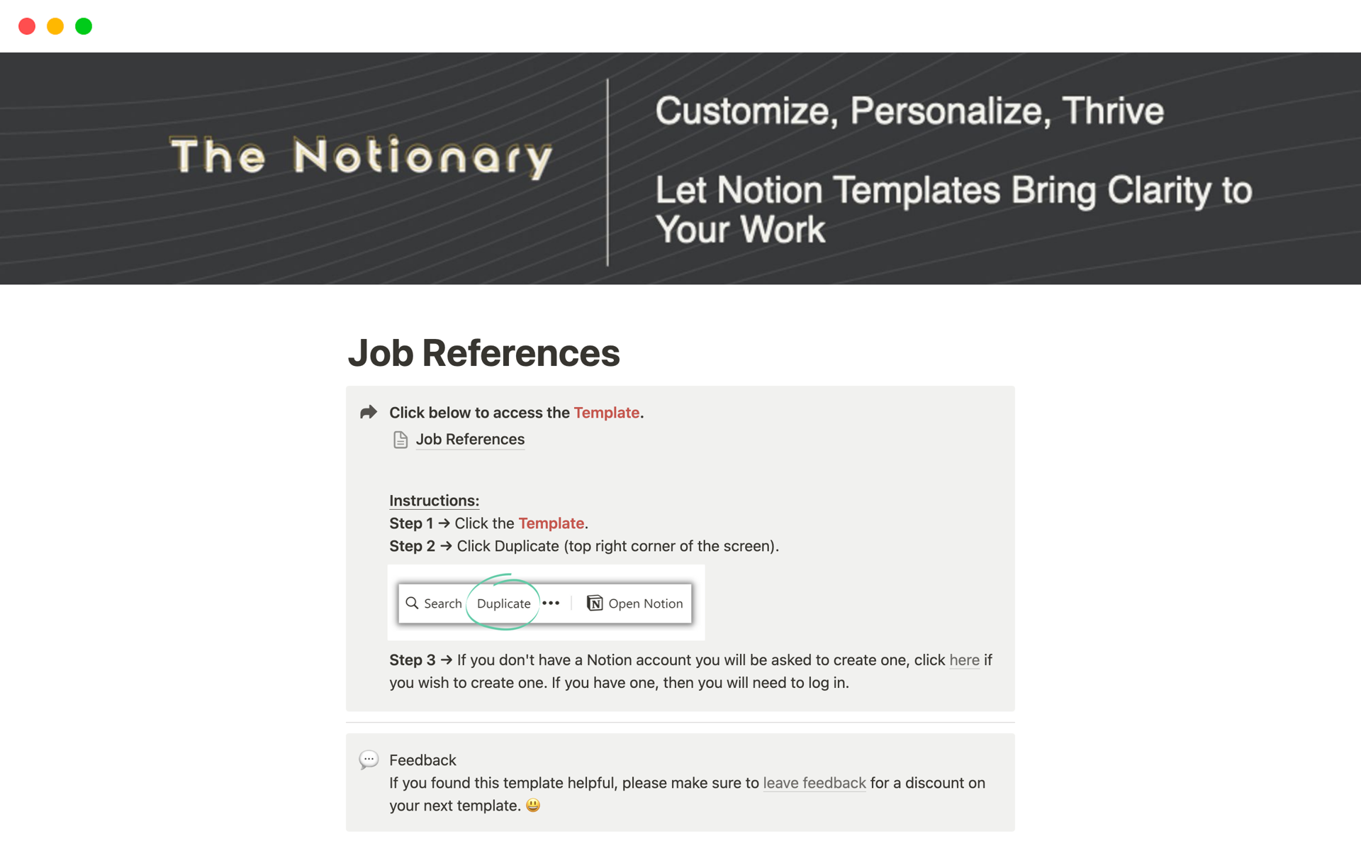 A template preview for Job References