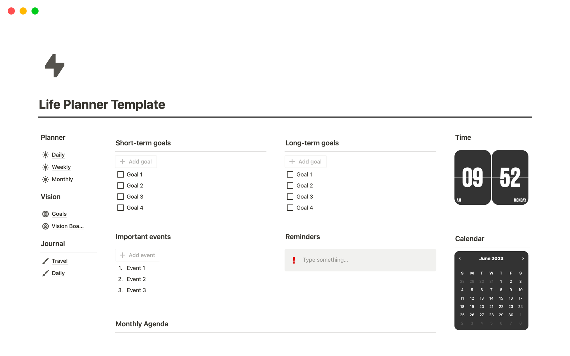 A template preview for Life Planner • Time Blocking, Journal, Goals