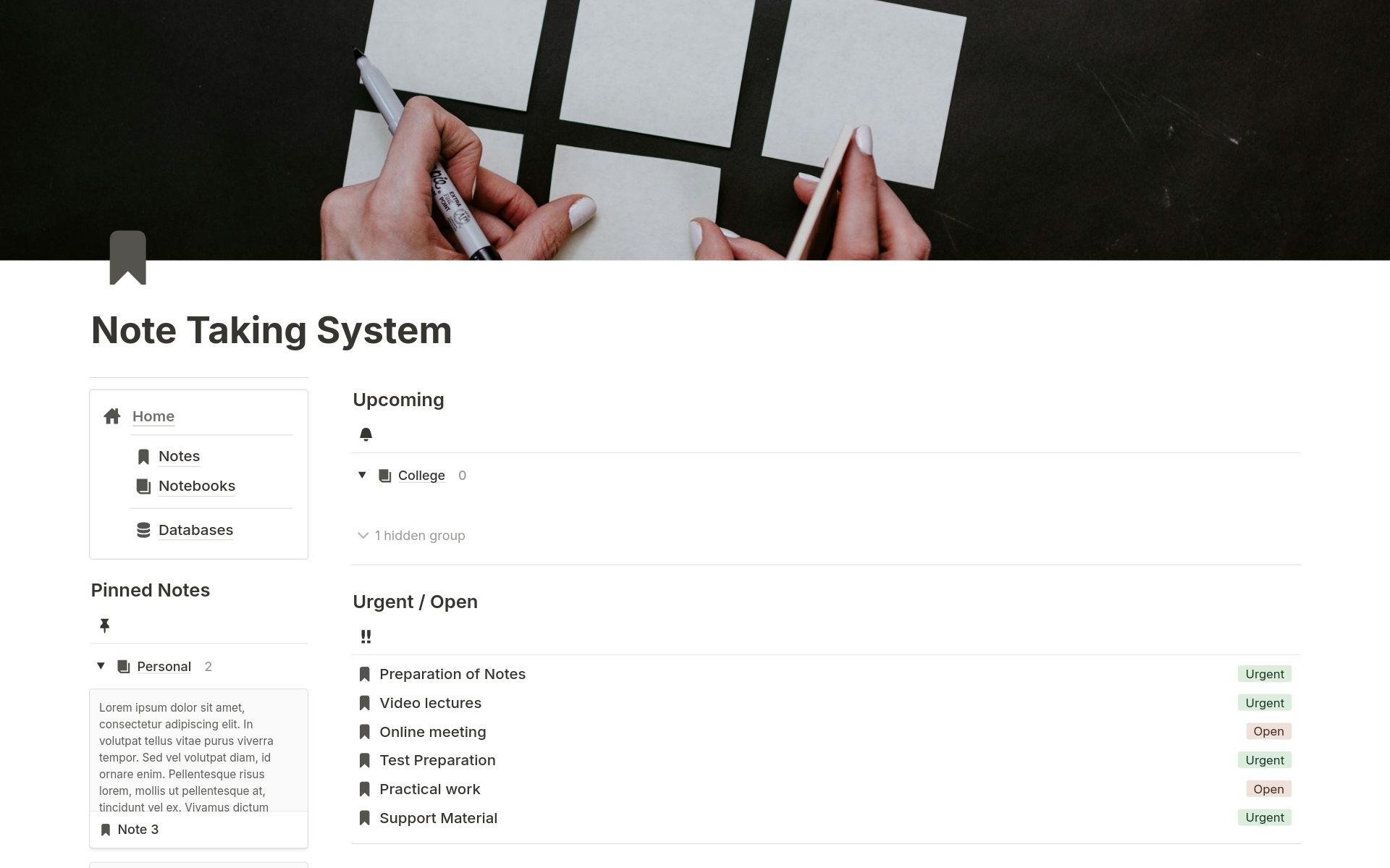 A template preview for Note-Taking System 