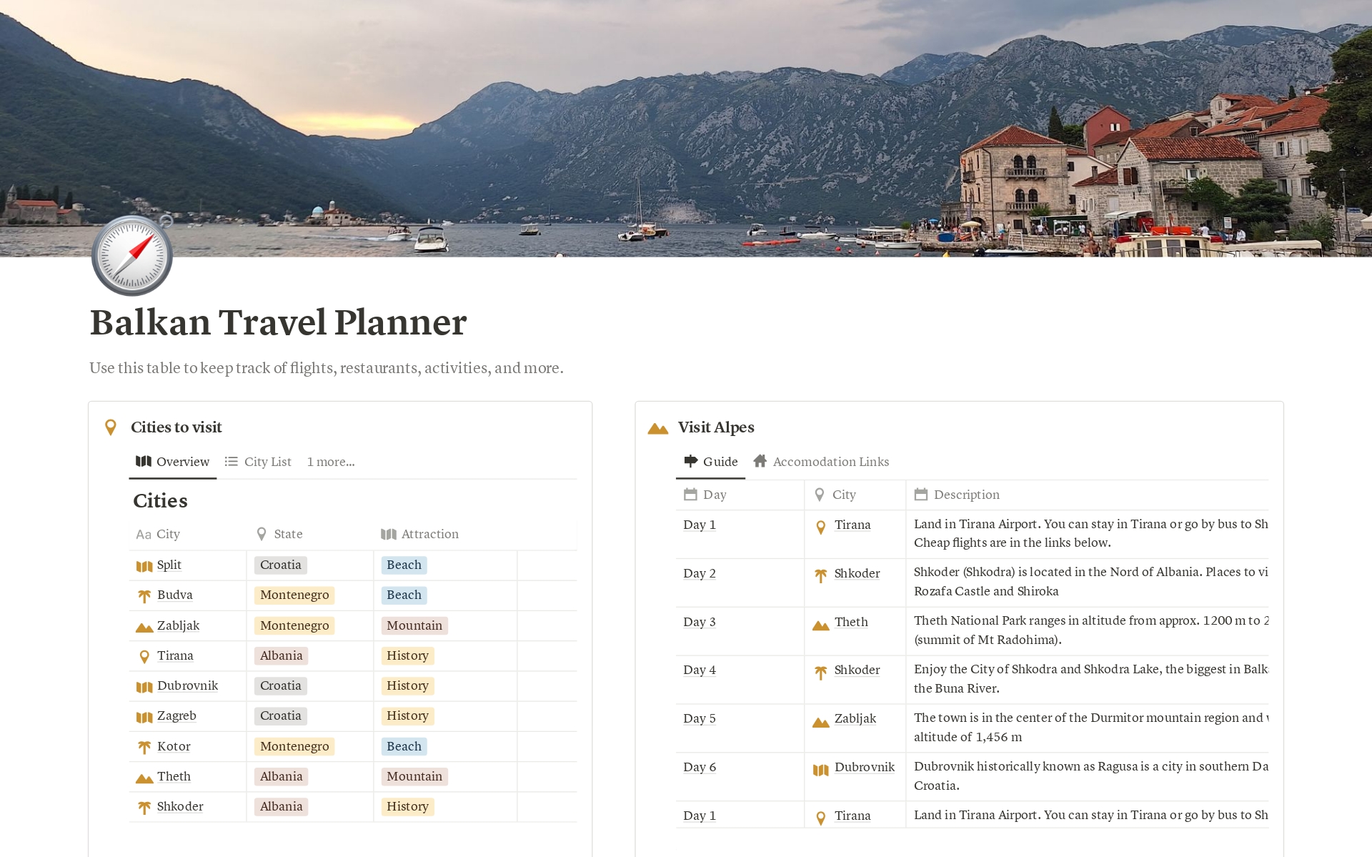 A template preview for Balkan Travel Planner