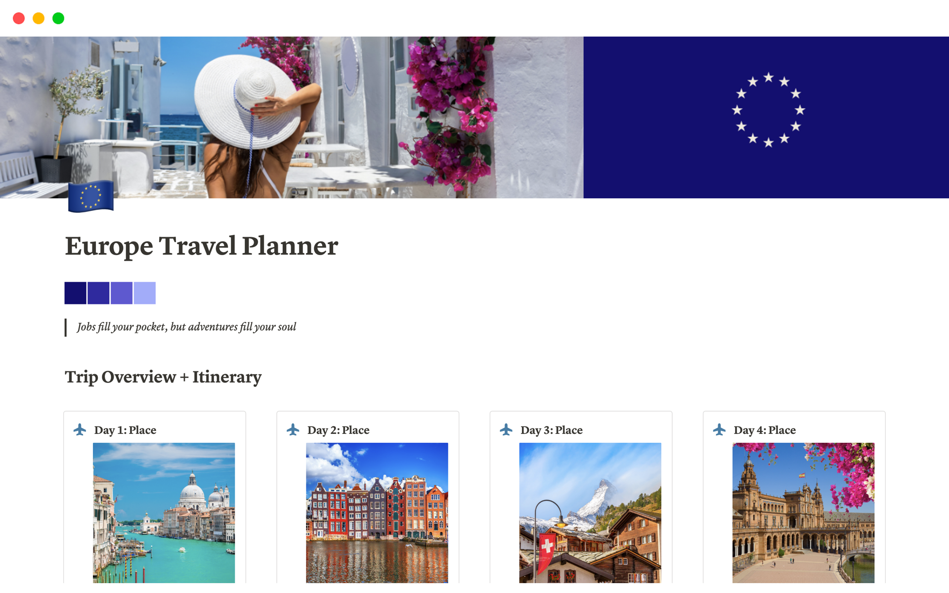 A template preview for Europe Travel Planner 