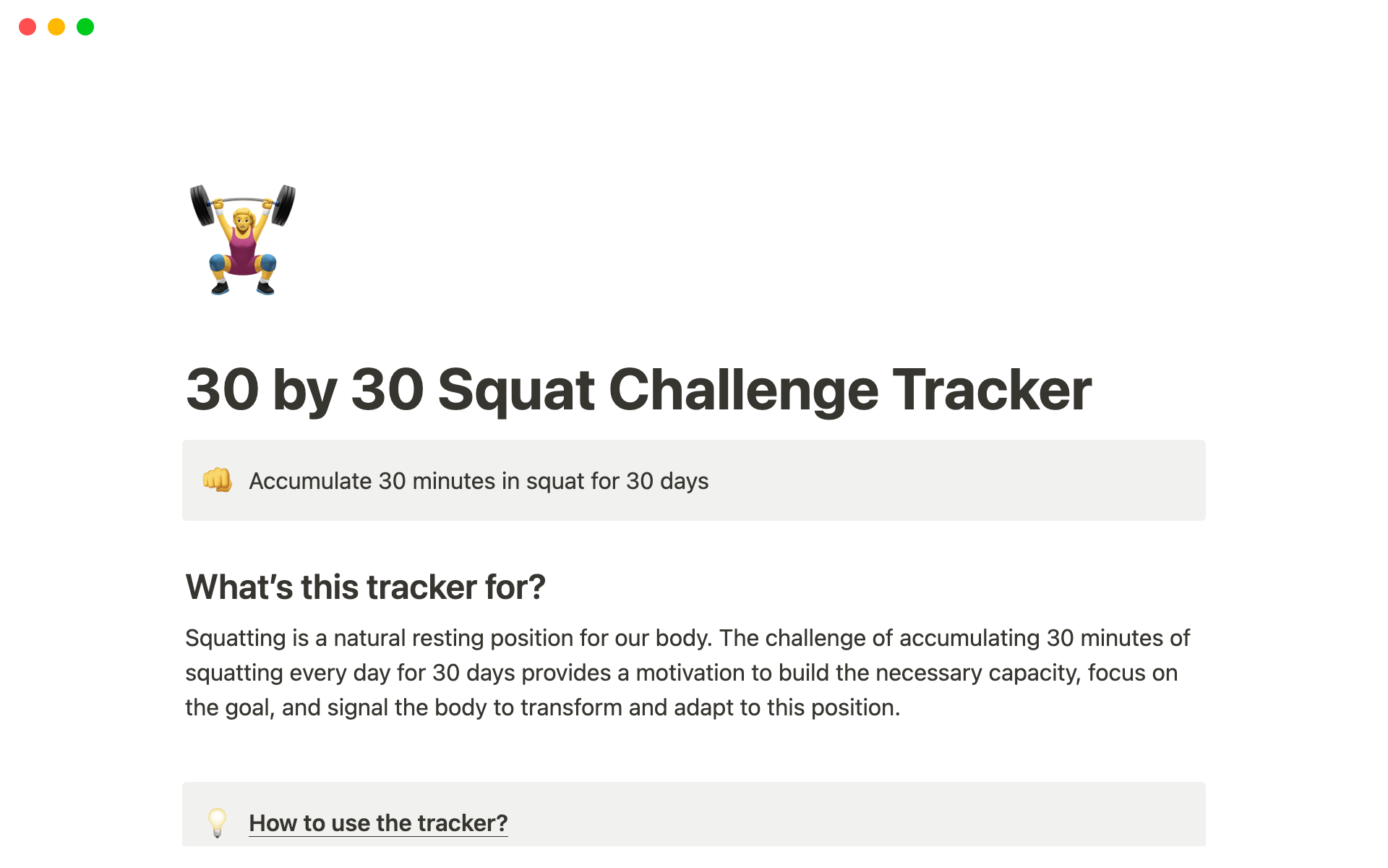 A template preview for 30 by 30 Squat Challenge