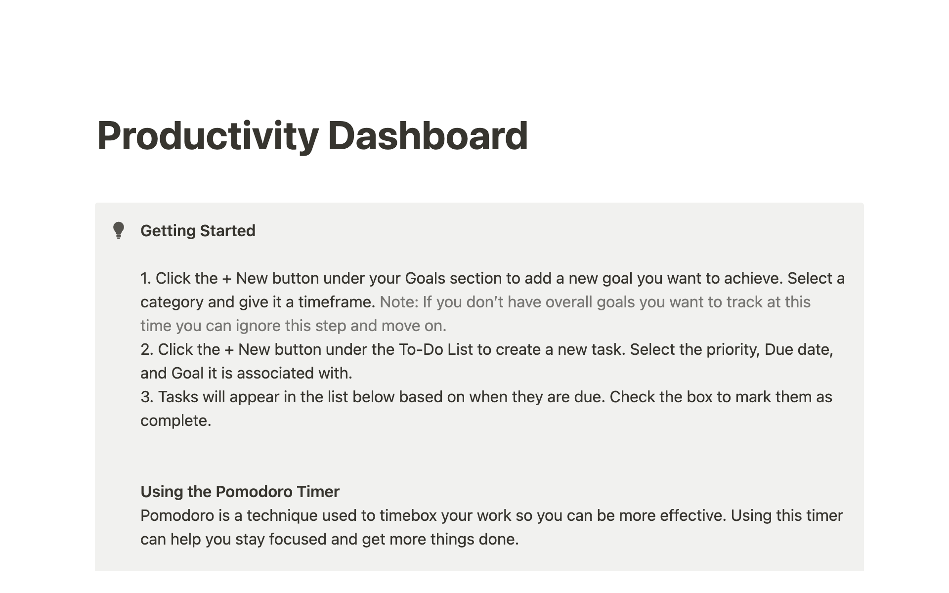 A template preview for Productivity Dashboard