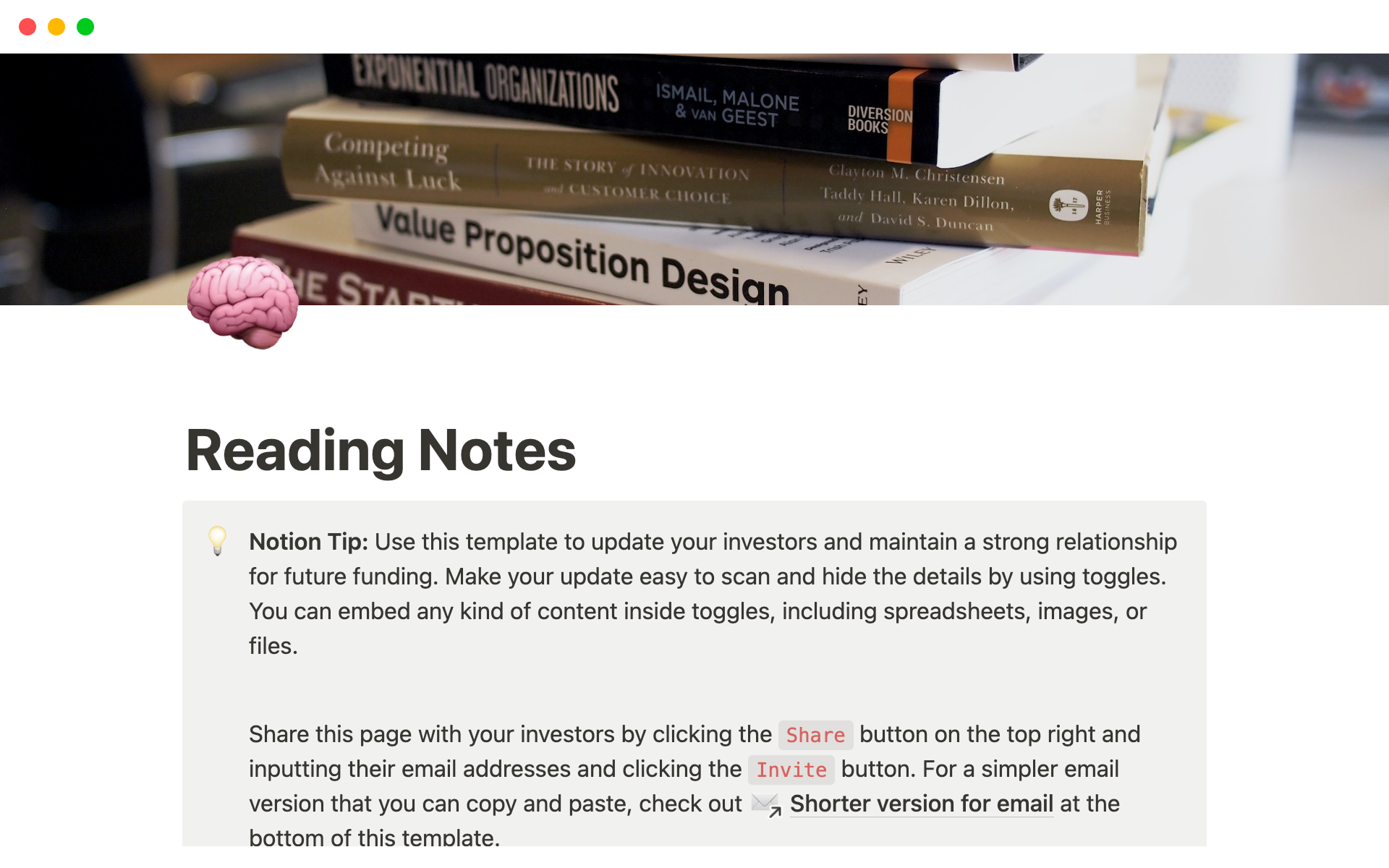 A template preview for Reading Notes