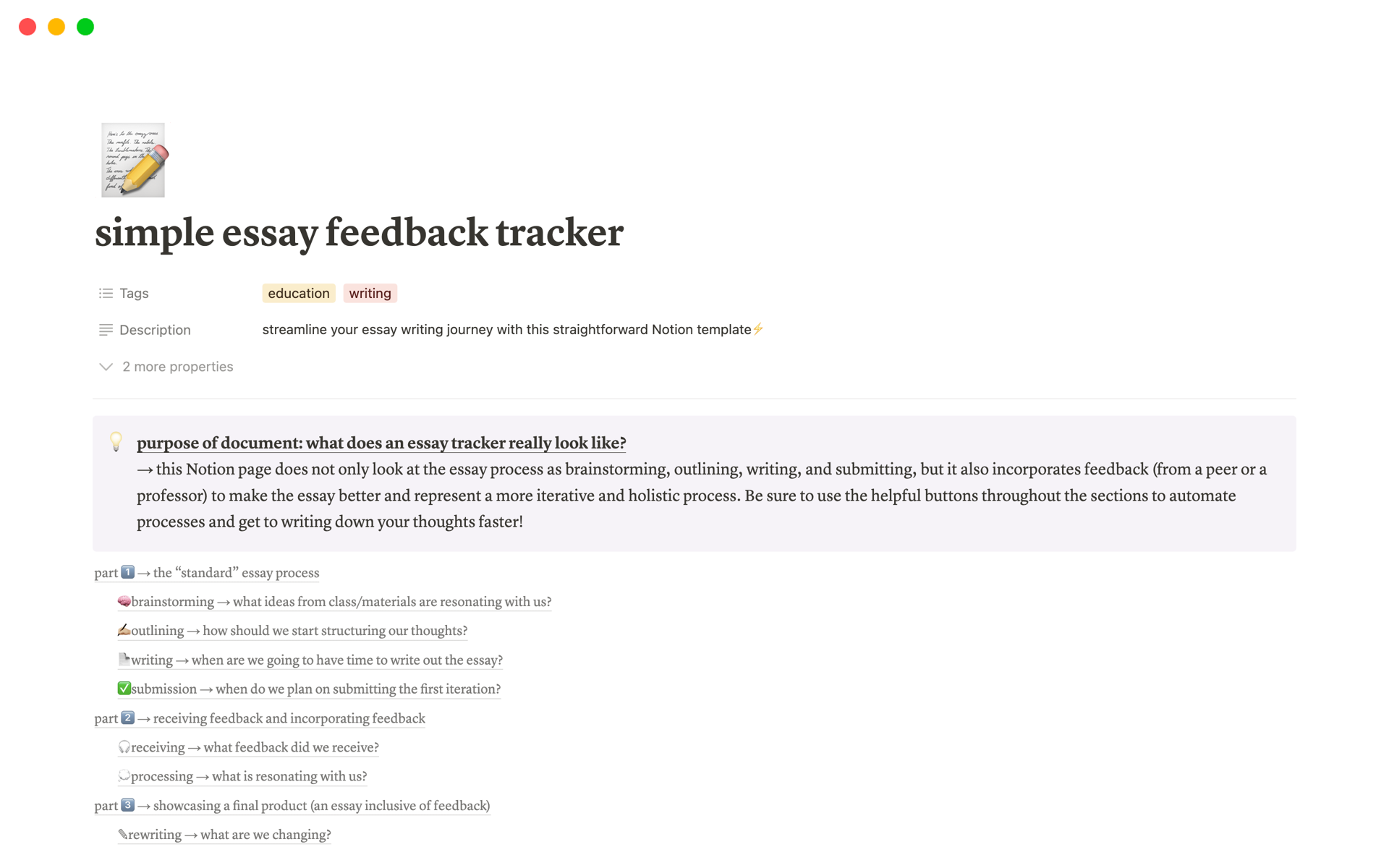 A template preview for simple essay feedback tracker