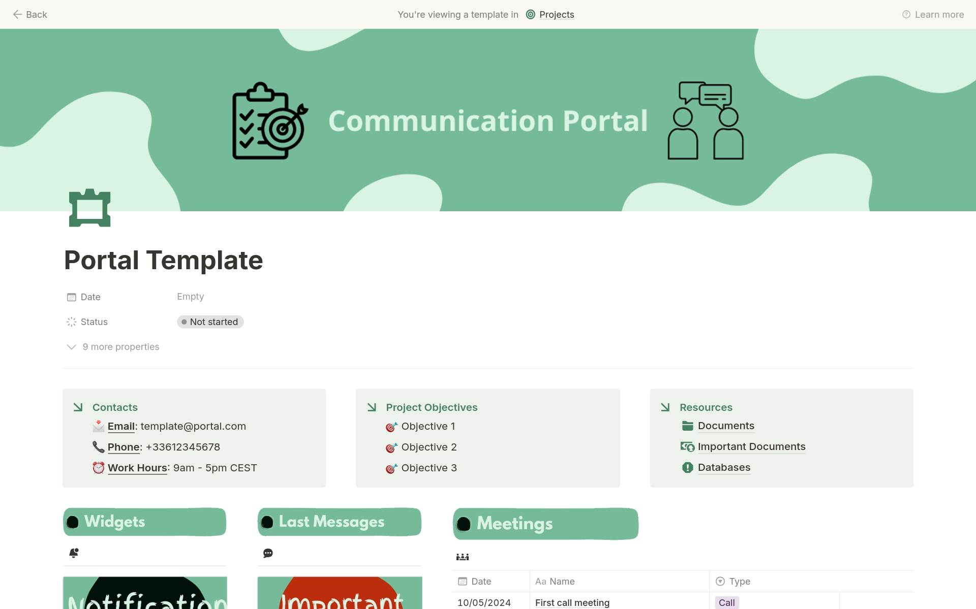 A template preview for Client Portal Manager