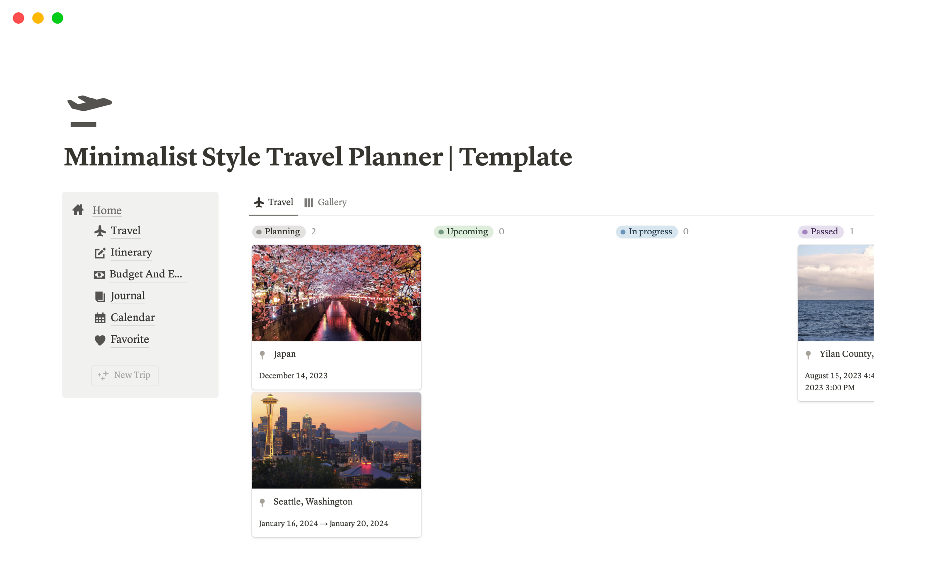 A template preview for Minimalist Style Travel Planner