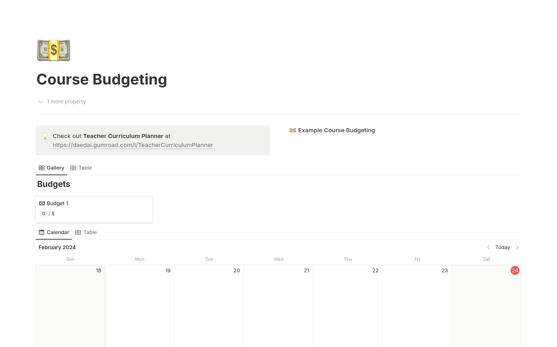 A template preview for Course Budgeting