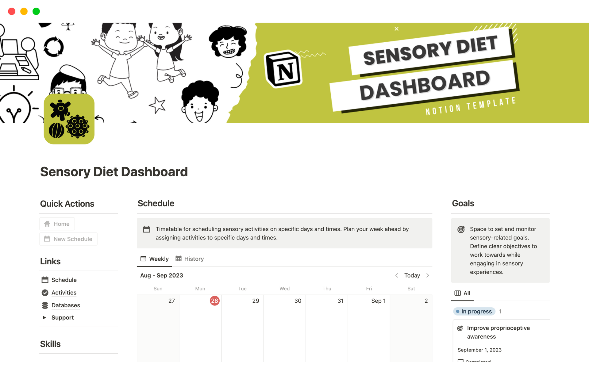 A template preview for Sensory Diet Dashboard