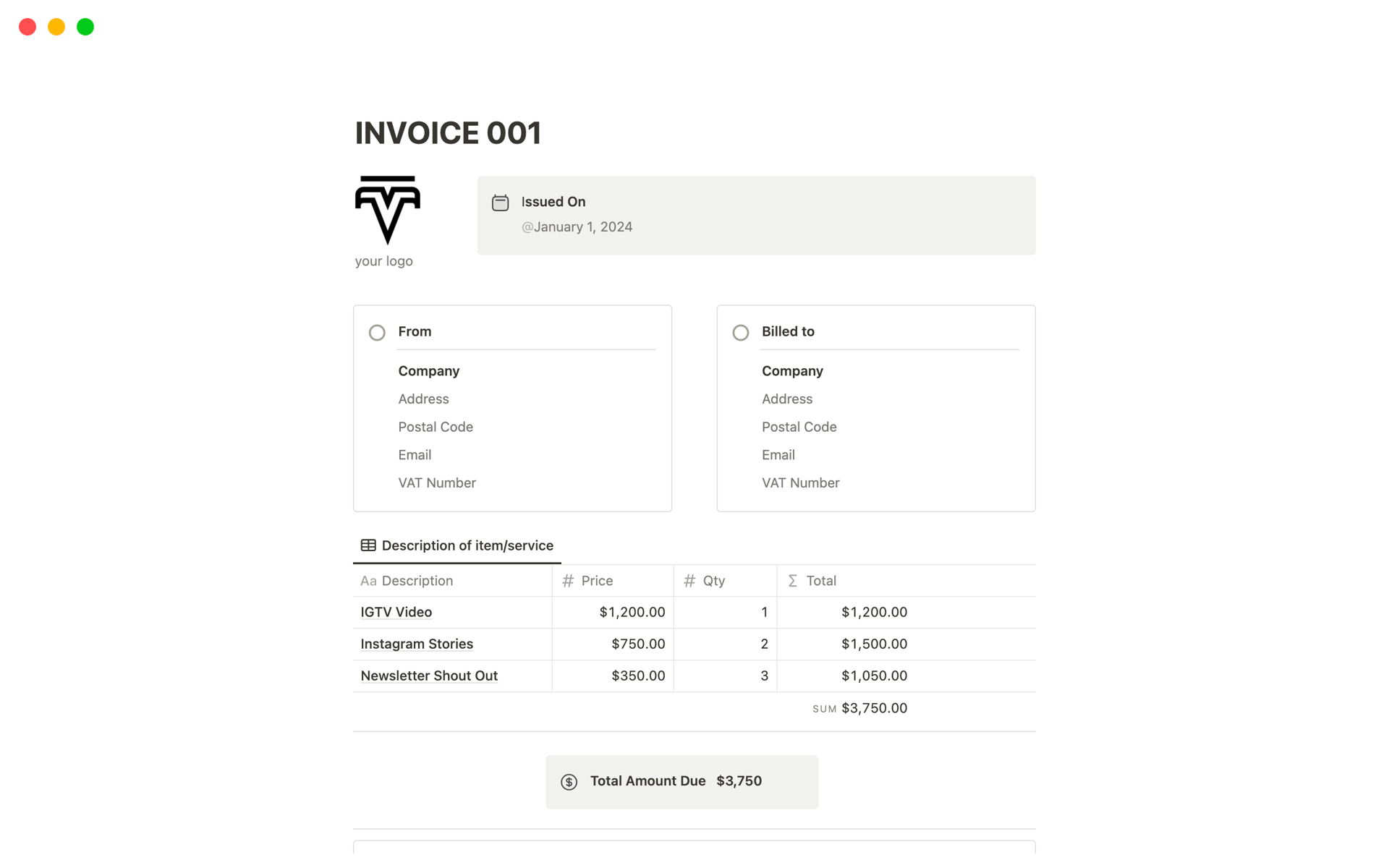 A template preview for INVOICE 001