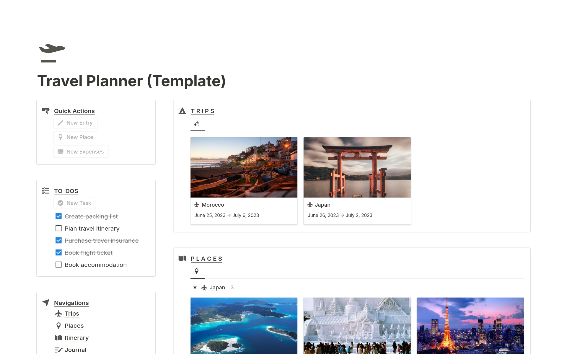 A template preview for Travel Planner (Free)