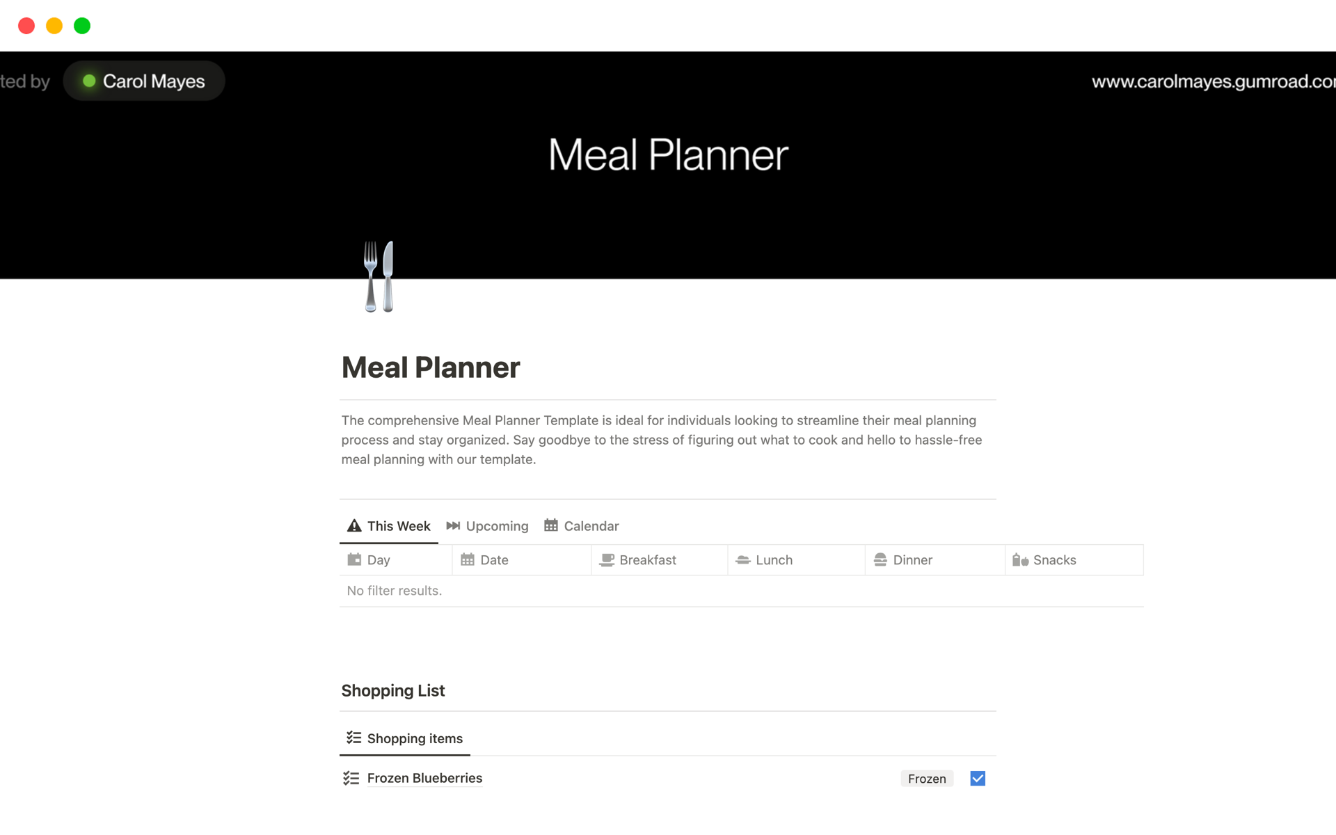 A template preview for Meal Planner