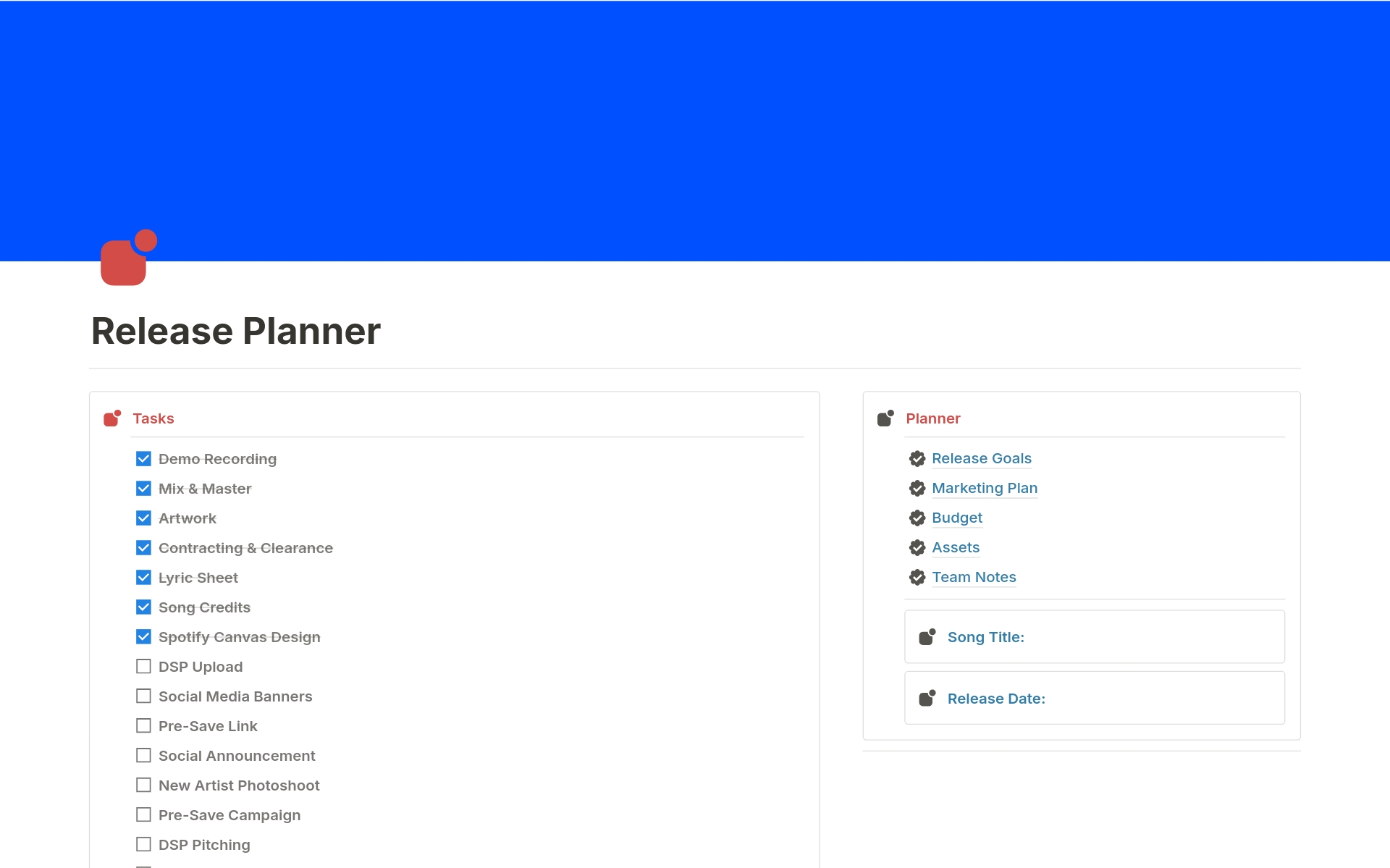 A template preview for Marketing for Musicians Music Release Planner