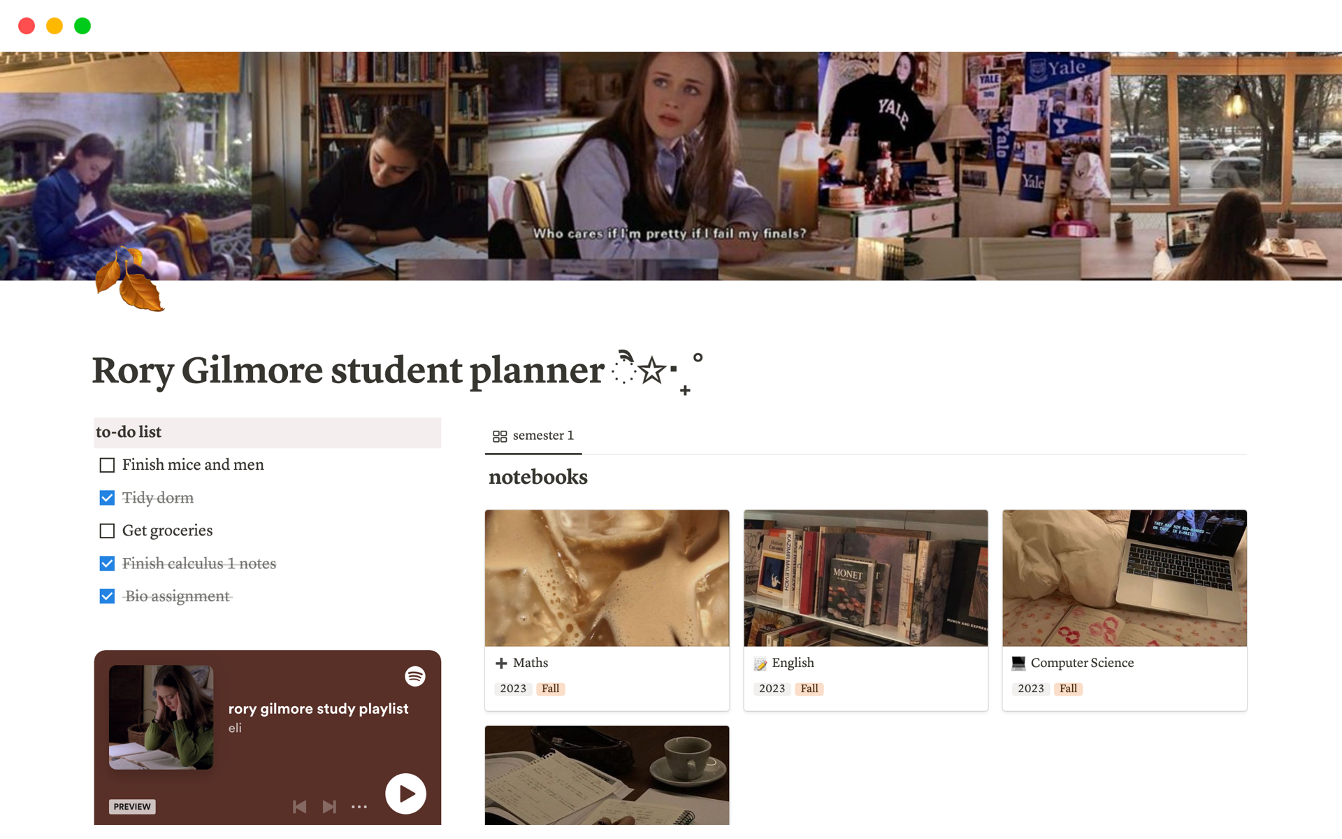 A template preview for Rory Gilmore student planner