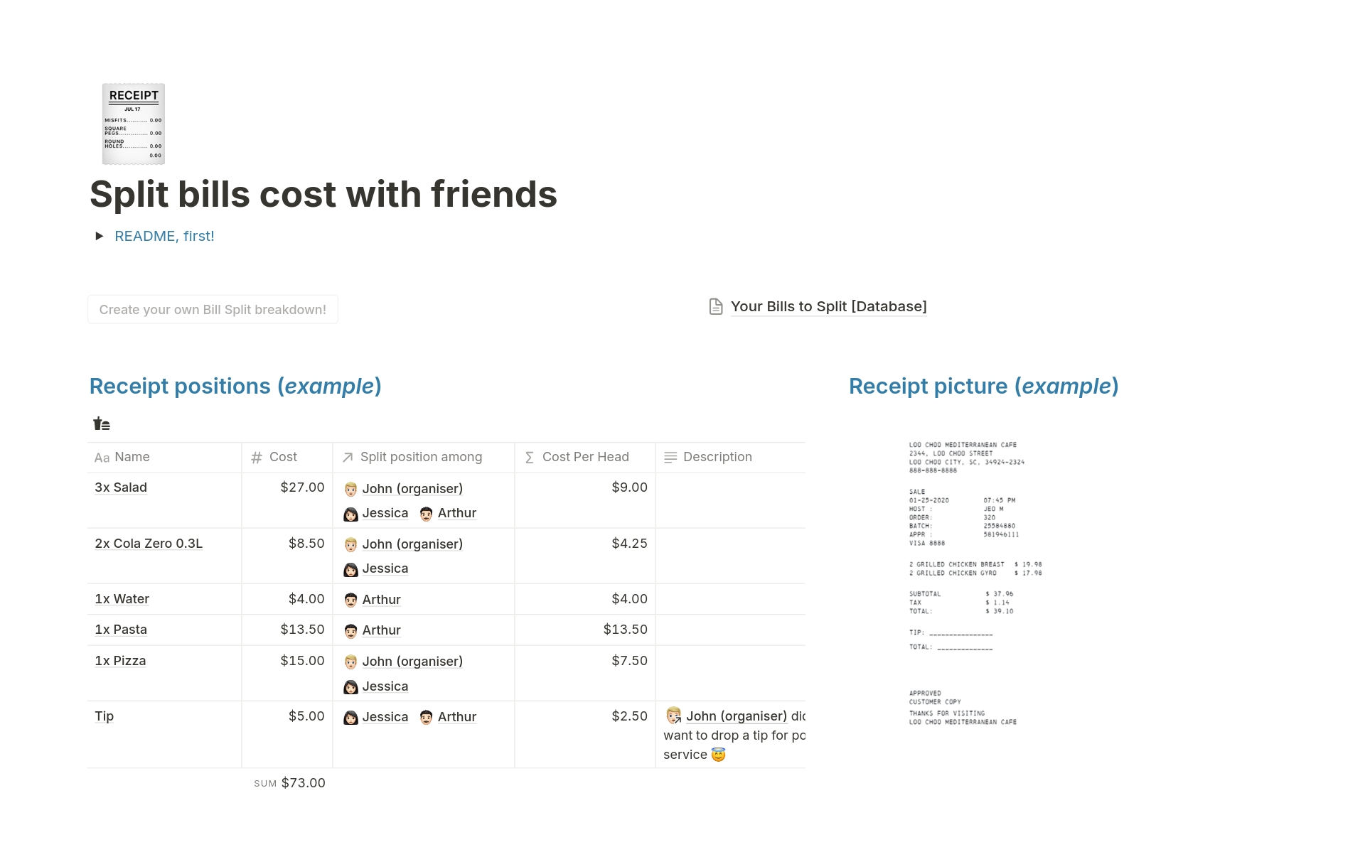 A template preview for Split bill costs with friends