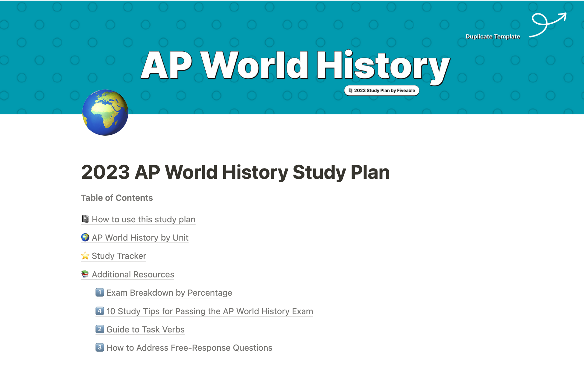A template preview for AP World History Study Tracker
