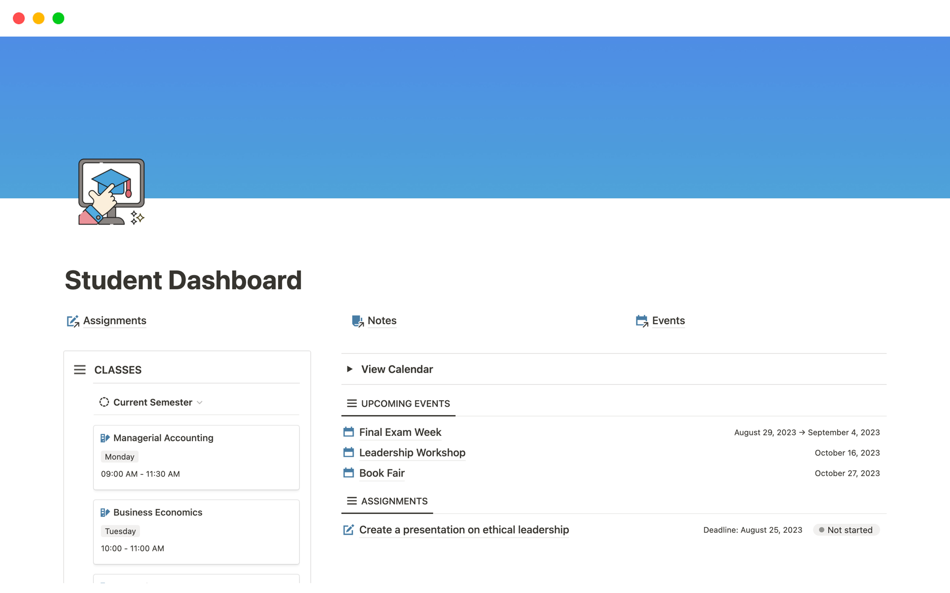 The Student Dashboard Notion template is a comprehensive tool that helps students manage their academic life in one place.
