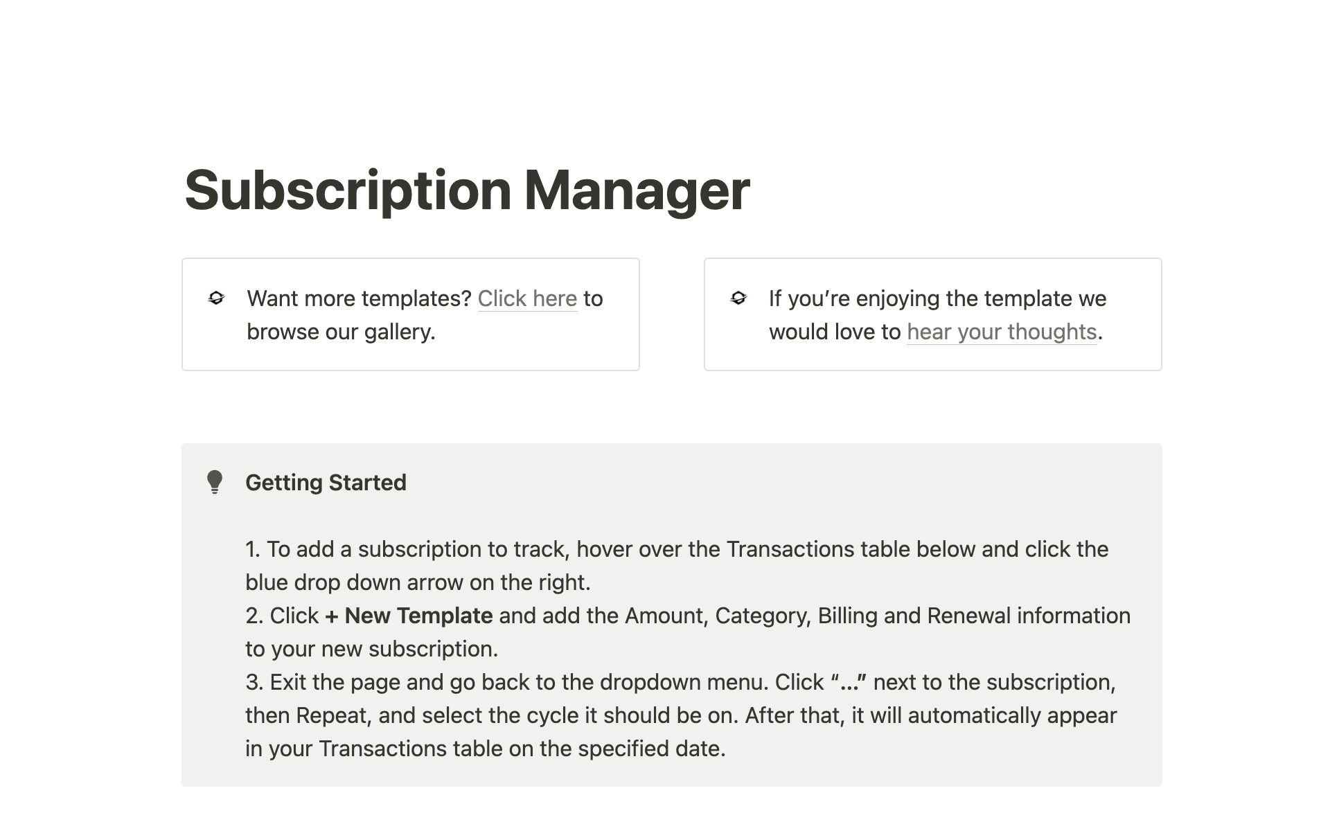 A template preview for Notion Subscription Manager (Automated)