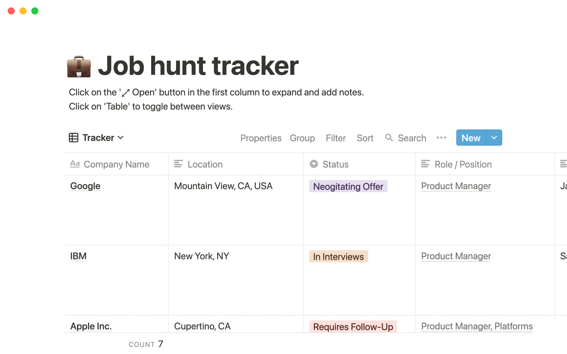 A template preview for Job hunt tracker