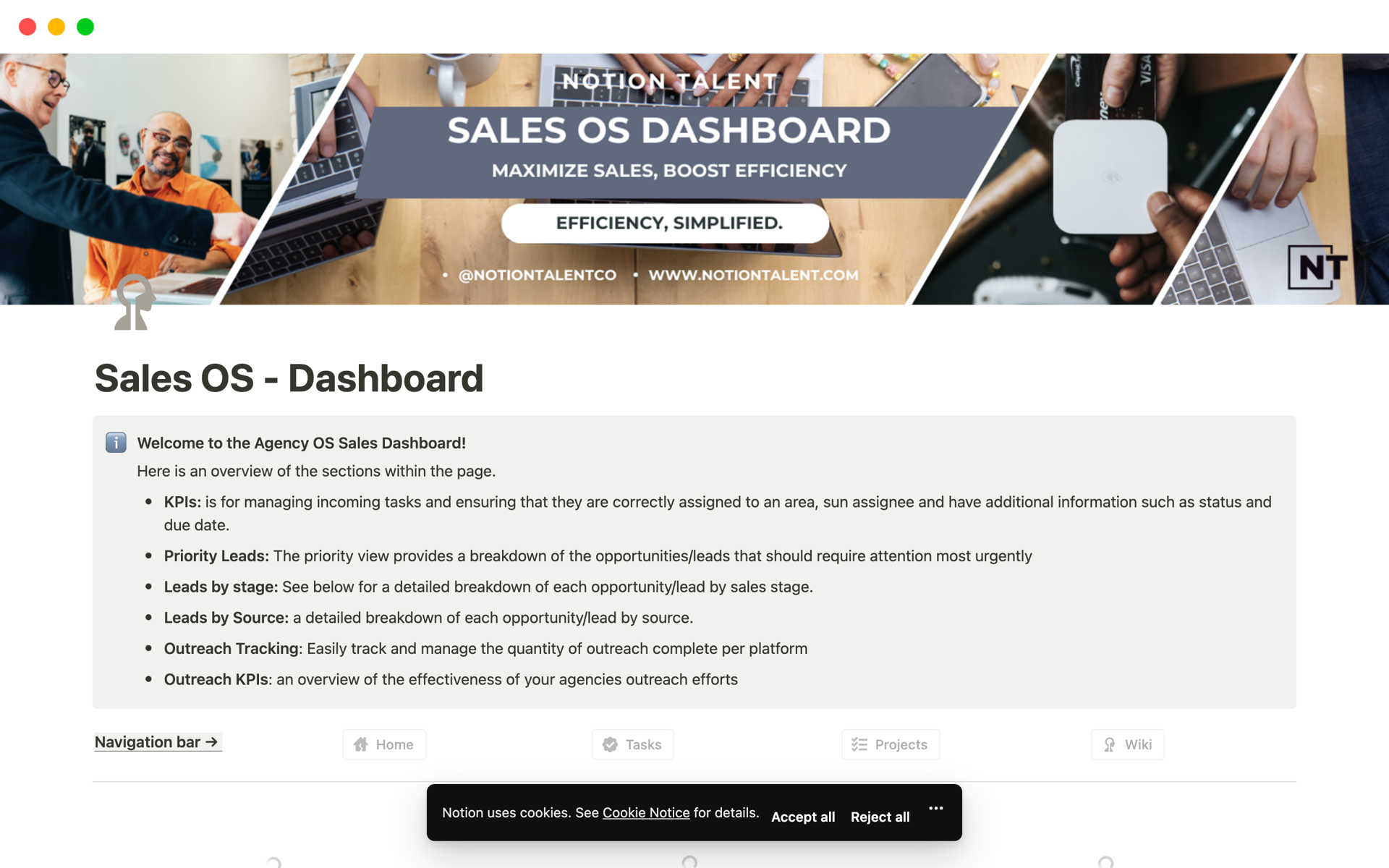 Elevate your sales strategy with the Sales OS - Dashboard Notion Template, a dynamic and interactive tool designed to track, analyze, and enhance your sales performance.