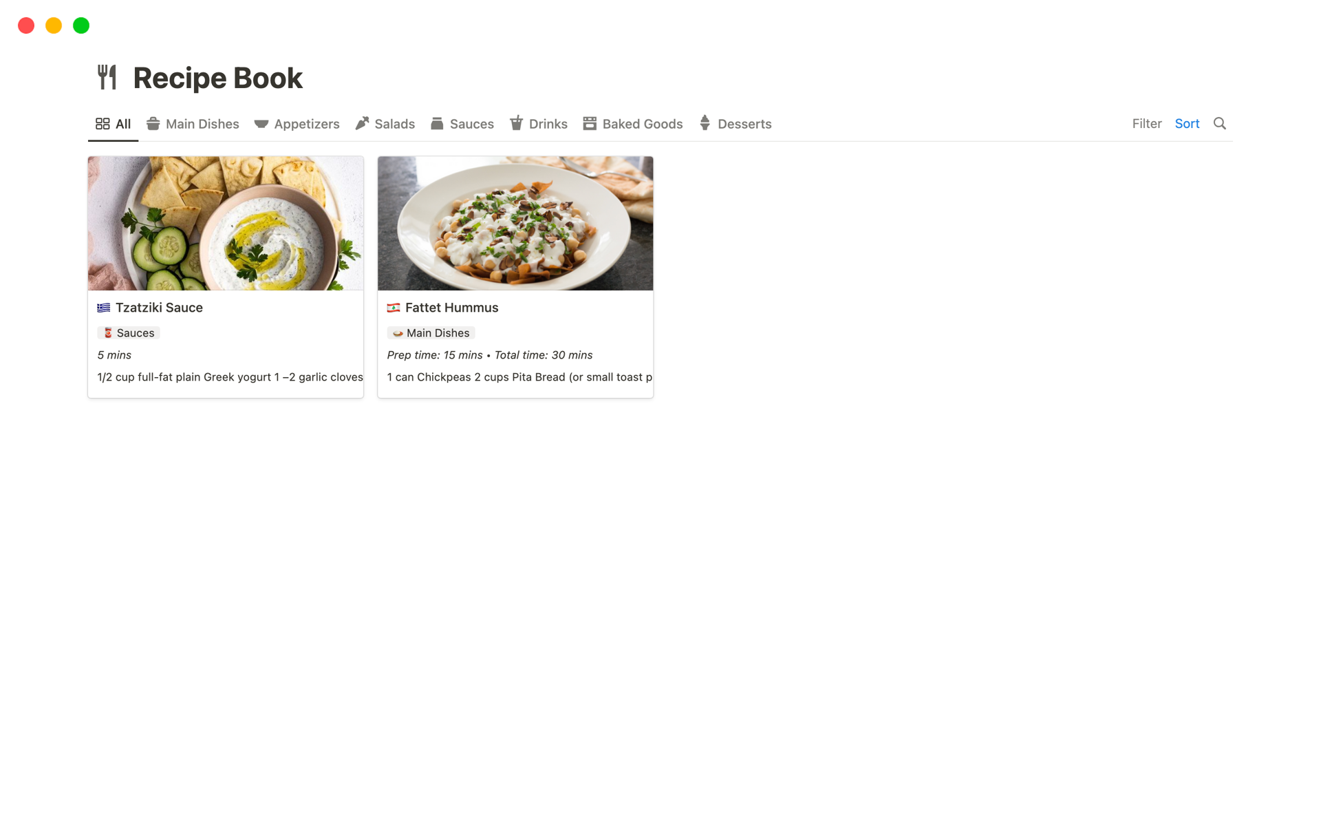 A distraction-free visual recipe book categorized by main dishes, appetizers, salads, baked goods, sauces, drinks, and desserts.