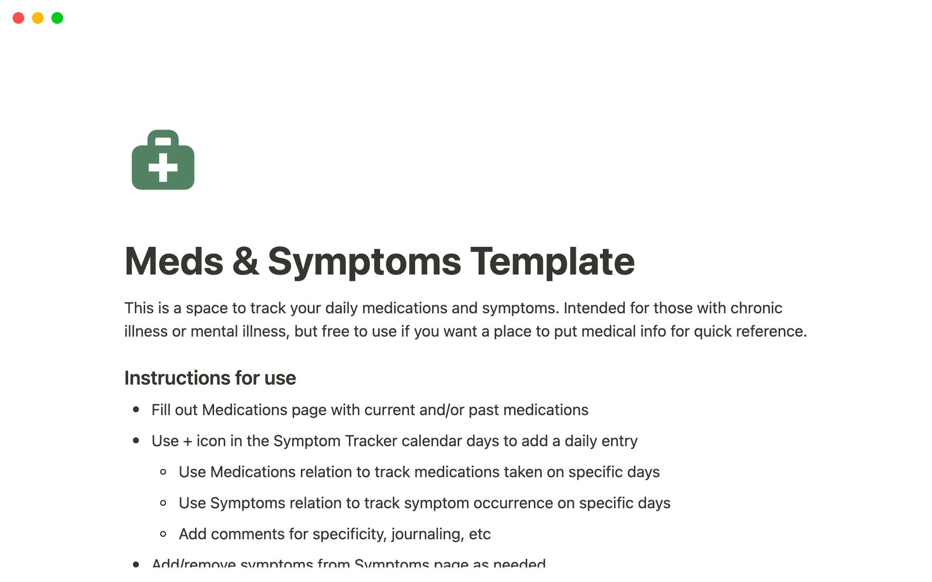 A template preview for Medication and Symptom Tracker